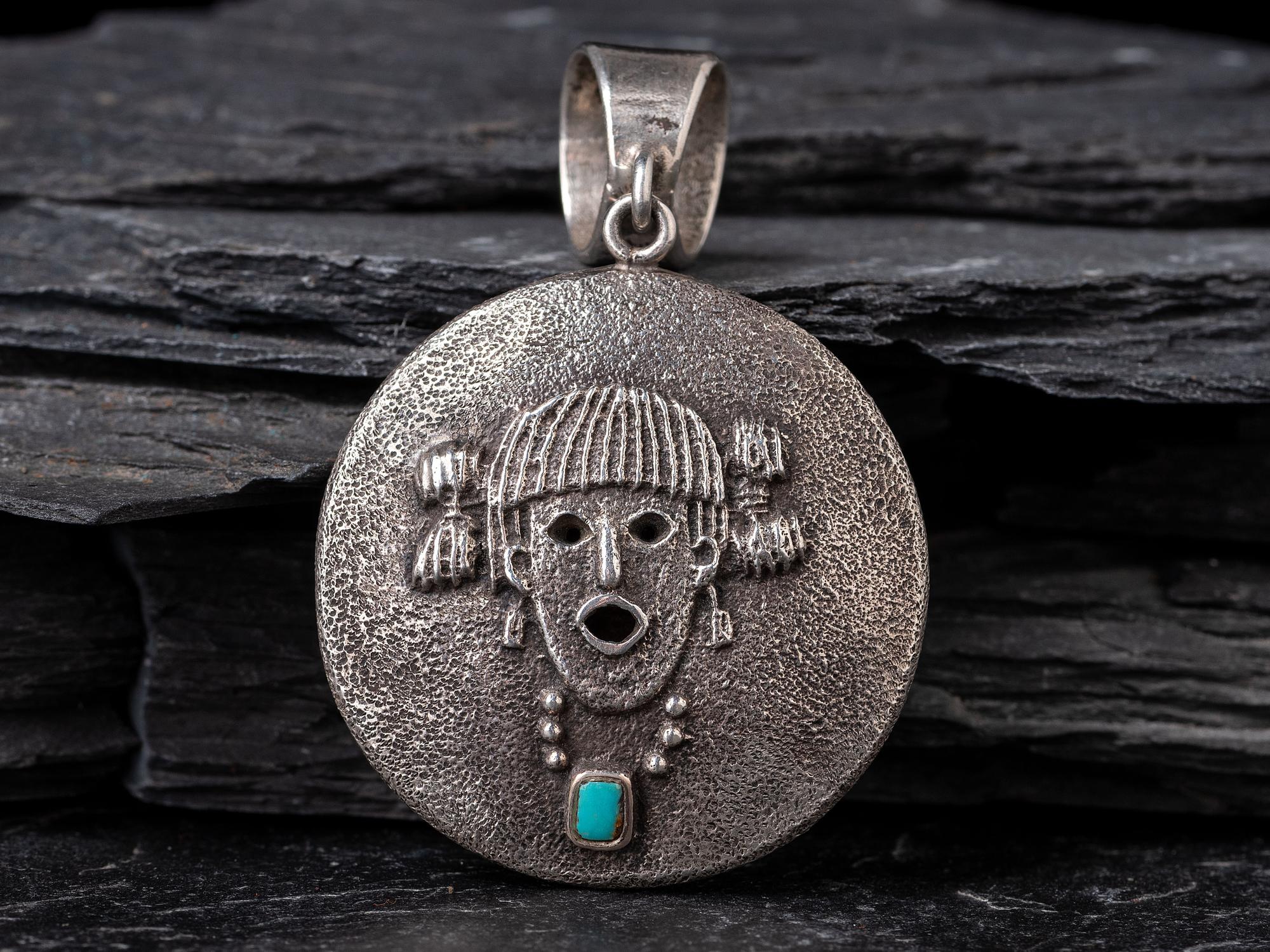 Double Sided Tufa Cast Silver and Turquoise Pendant