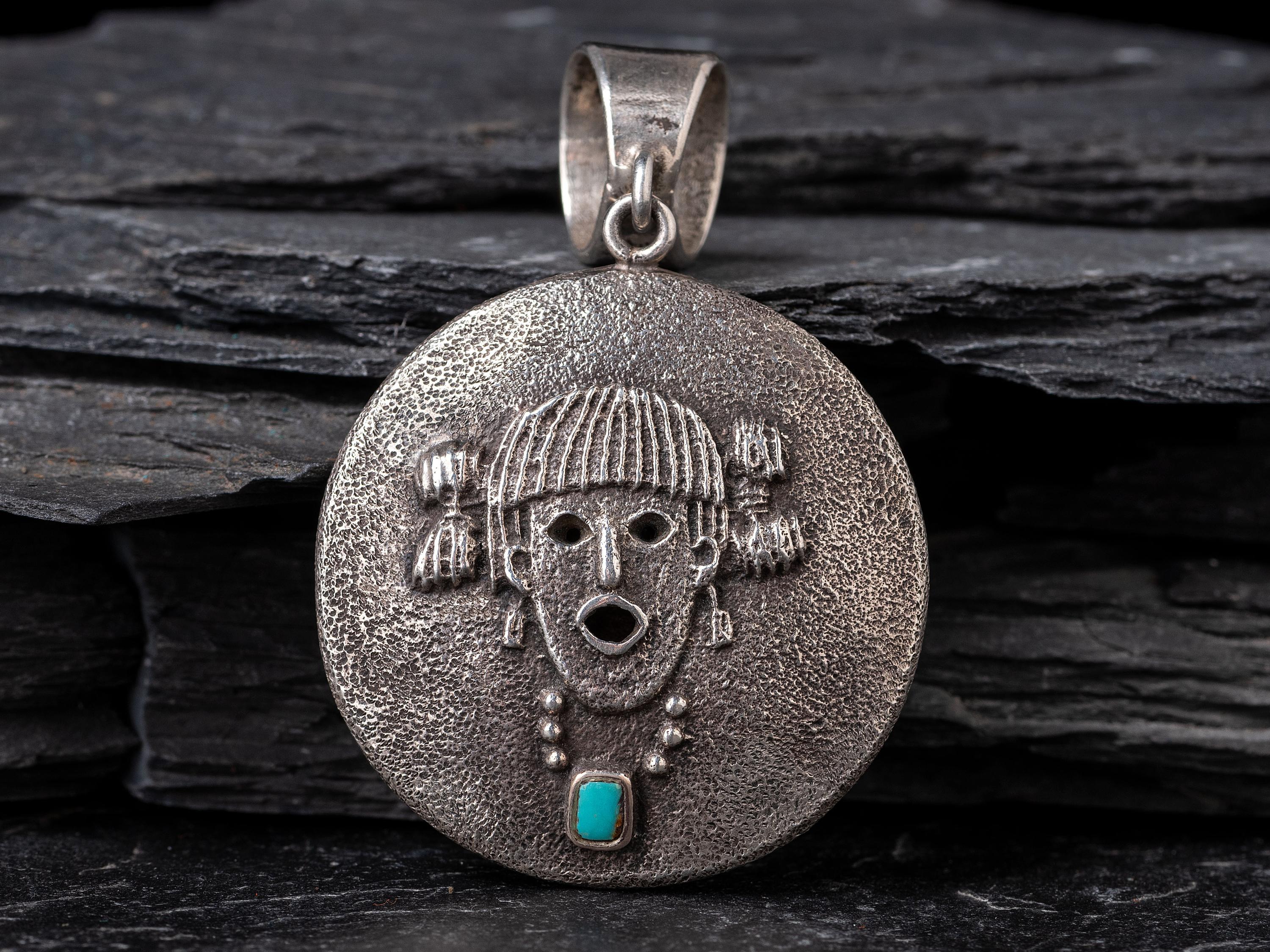 Double Sided Tufa Cast Silver and Turquoise Pendant