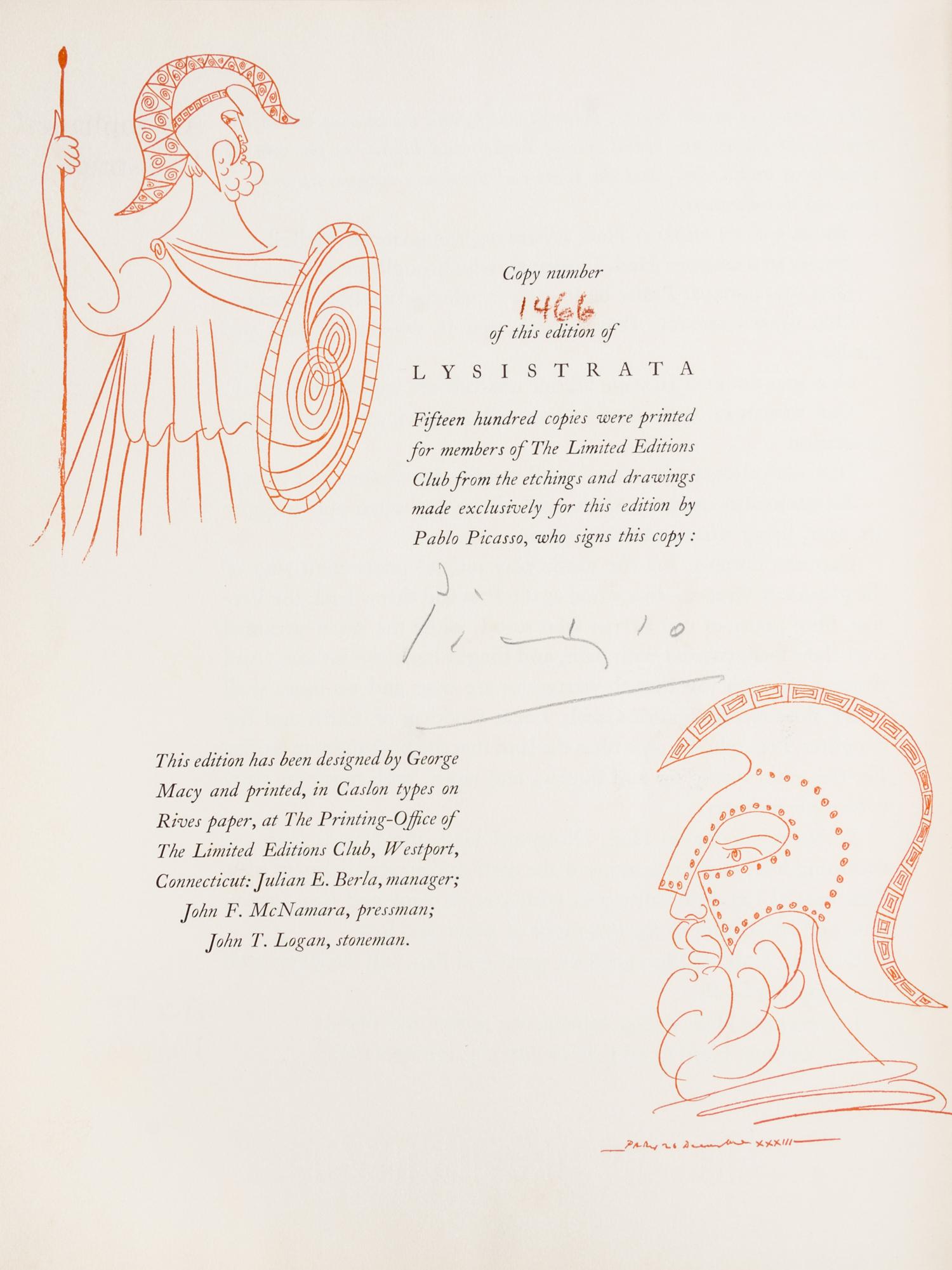 (LEC; PICASSO, PABLO) ARISTOPHANES. Lysistrata. New York, 1934. Limited. Signed.