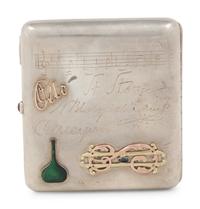 A Russian Gold, Enamel and Diamond Charm Mounted Silver Cigarette Case