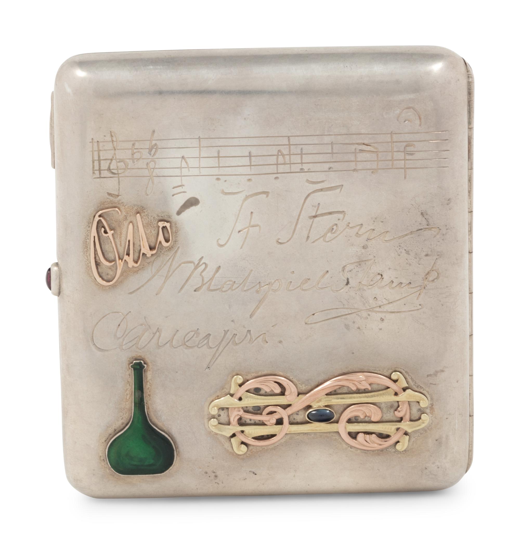 A Russian Gold, Enamel and Diamond Charm Mounted Silver Cigarette Case