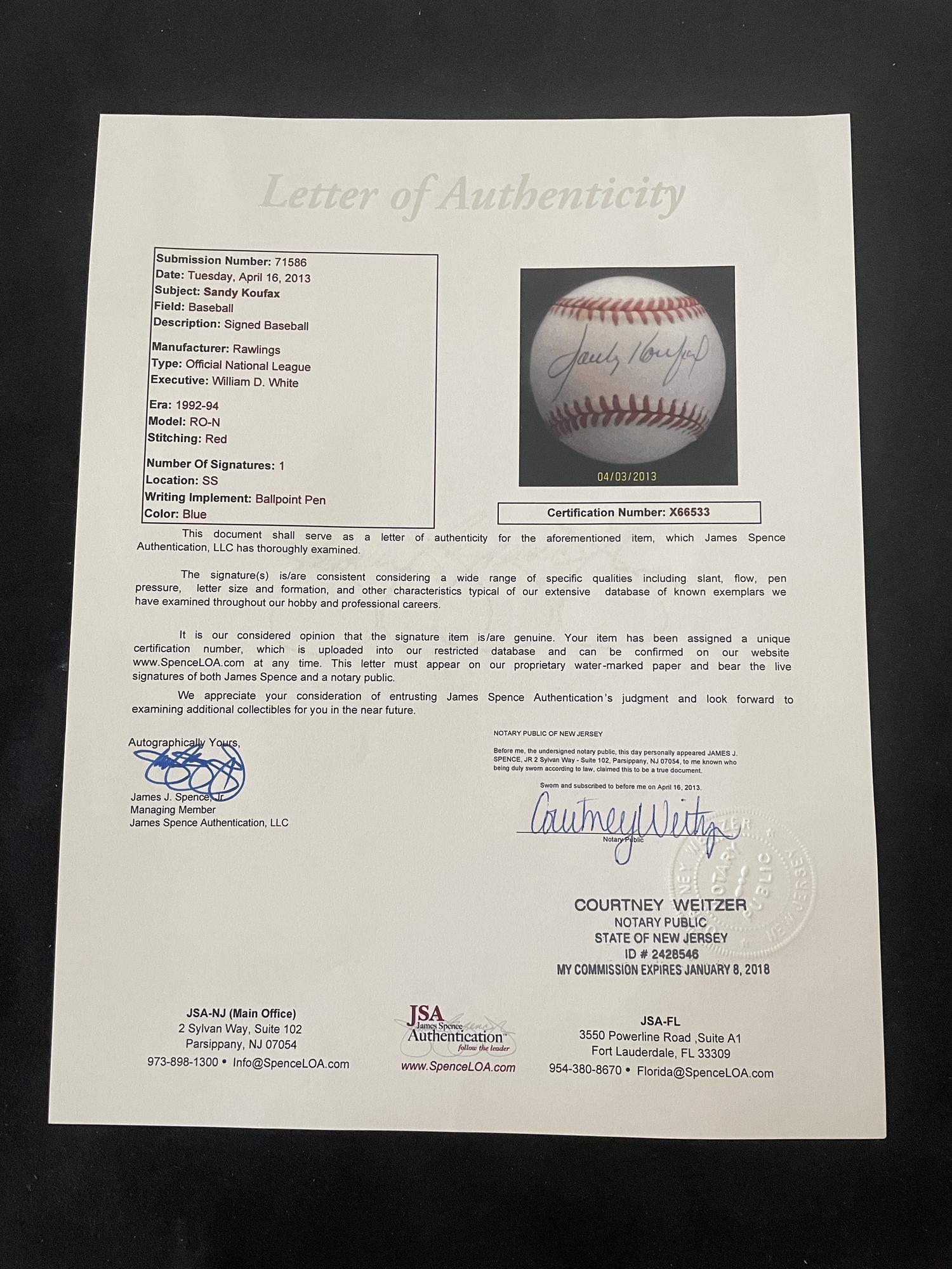 A Sandy Koufax Single Signed Autograph Baseball (JSA Letter)
