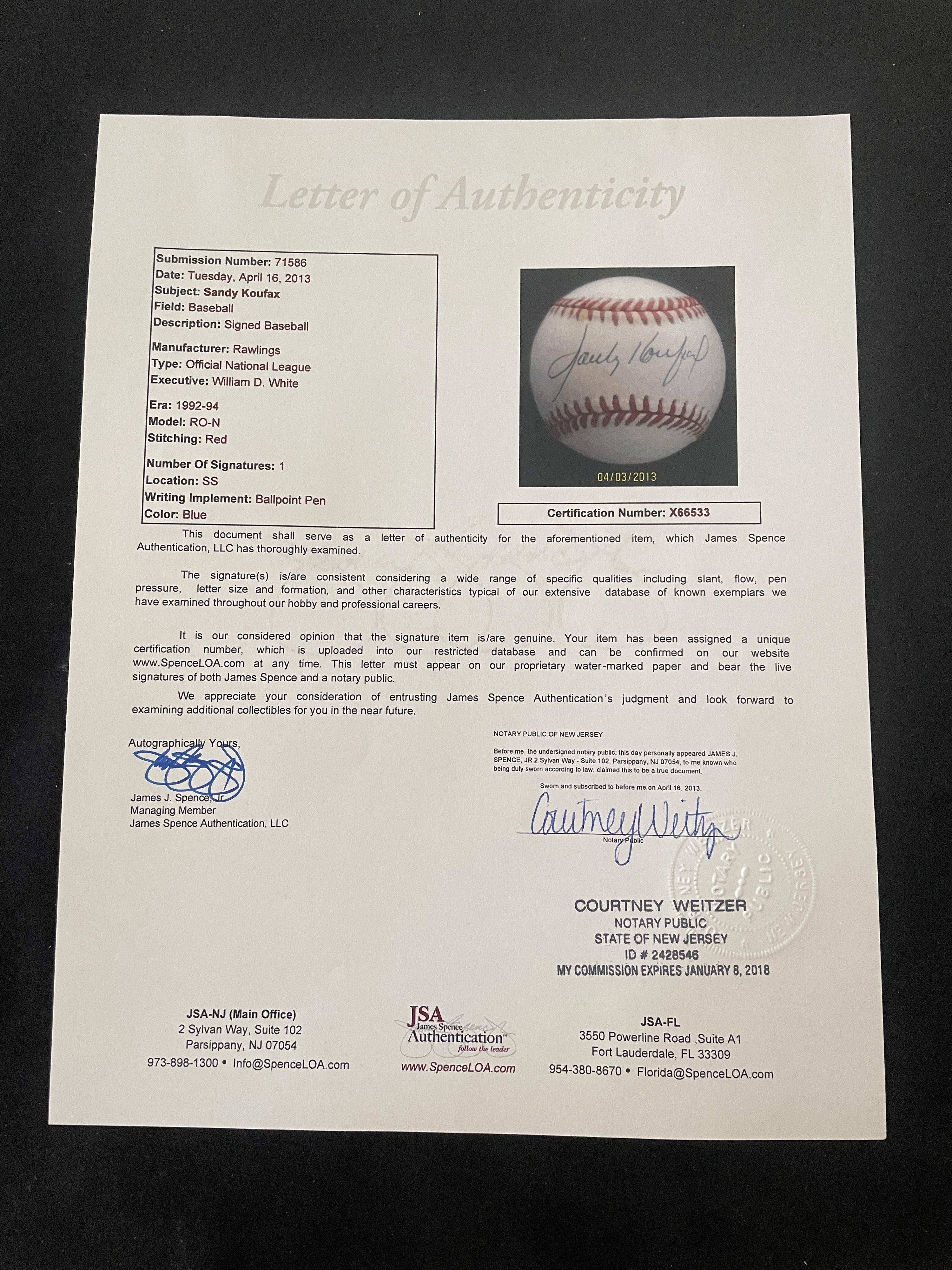 A Sandy Koufax Single Signed Autograph Baseball (JSA Letter)