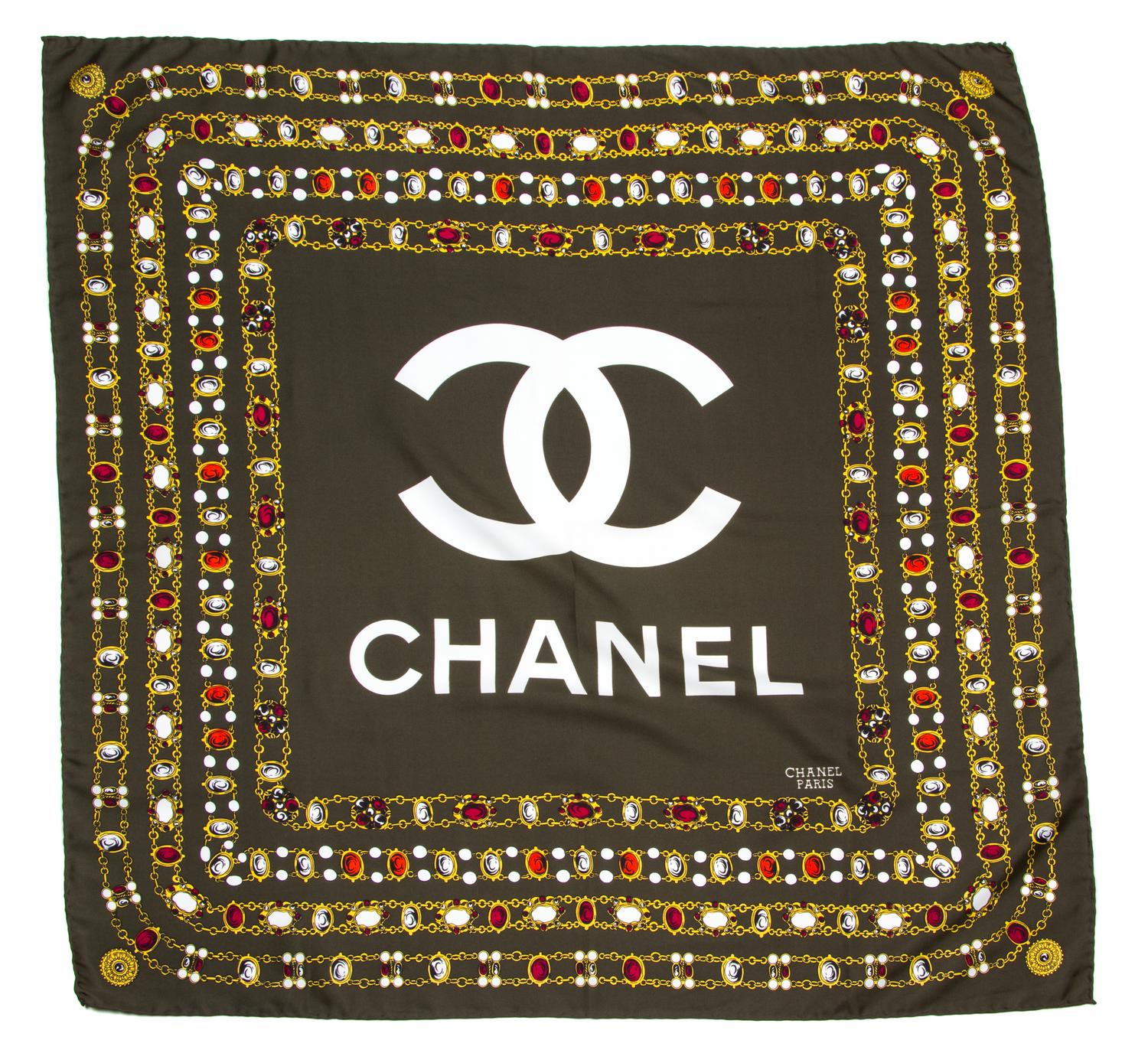 A Chanel Green Silk Scarf, 34" x 34".