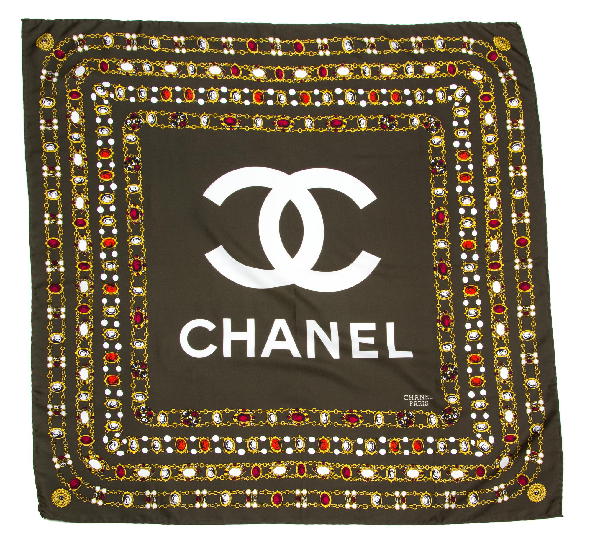 A Chanel Green Silk Scarf, 34" x 34".