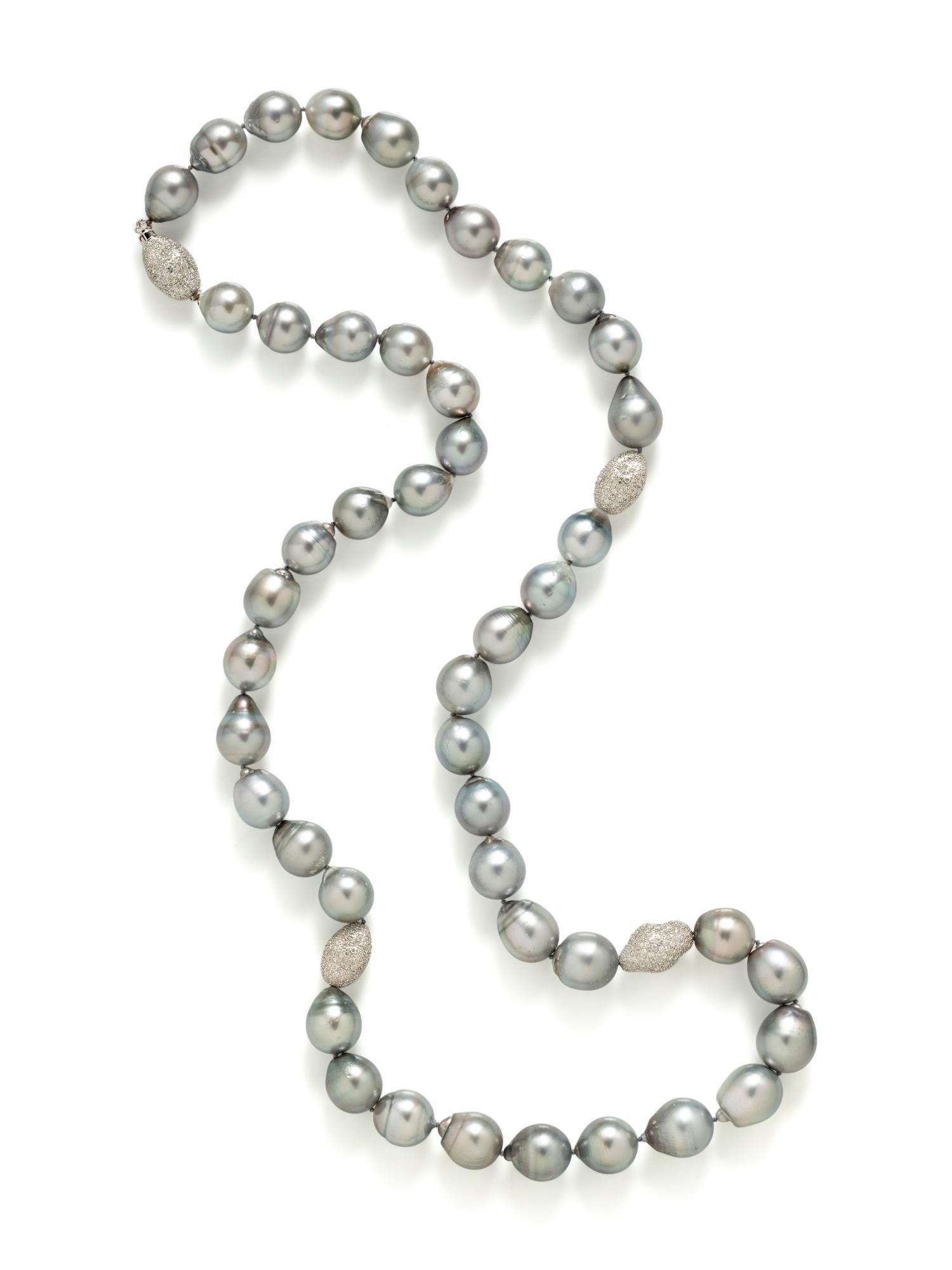CULTURED BAROQUE TAHITIAN PEARL AND DIAMOND BEAD NECKLACE