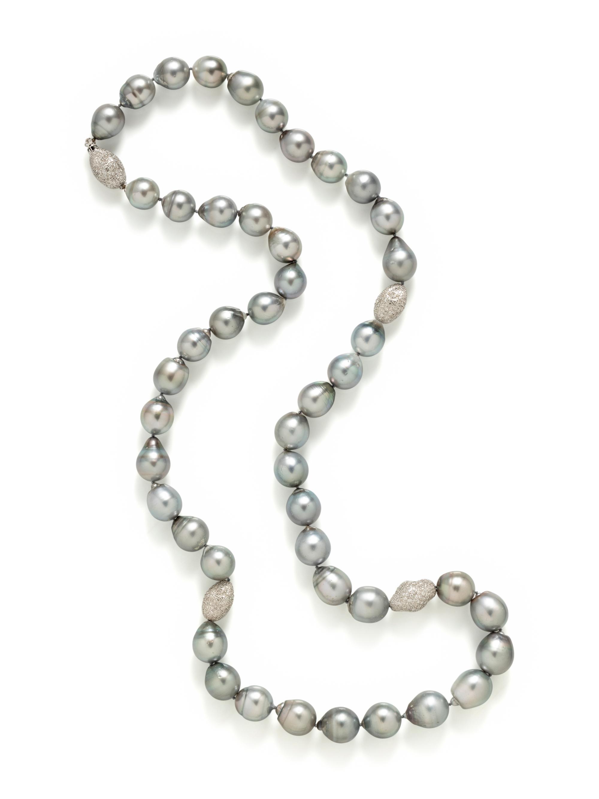 CULTURED BAROQUE TAHITIAN PEARL AND DIAMOND BEAD NECKLACE