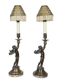 A Pair of Continental Patinated Bronze and Silver-Plate Candlesticks