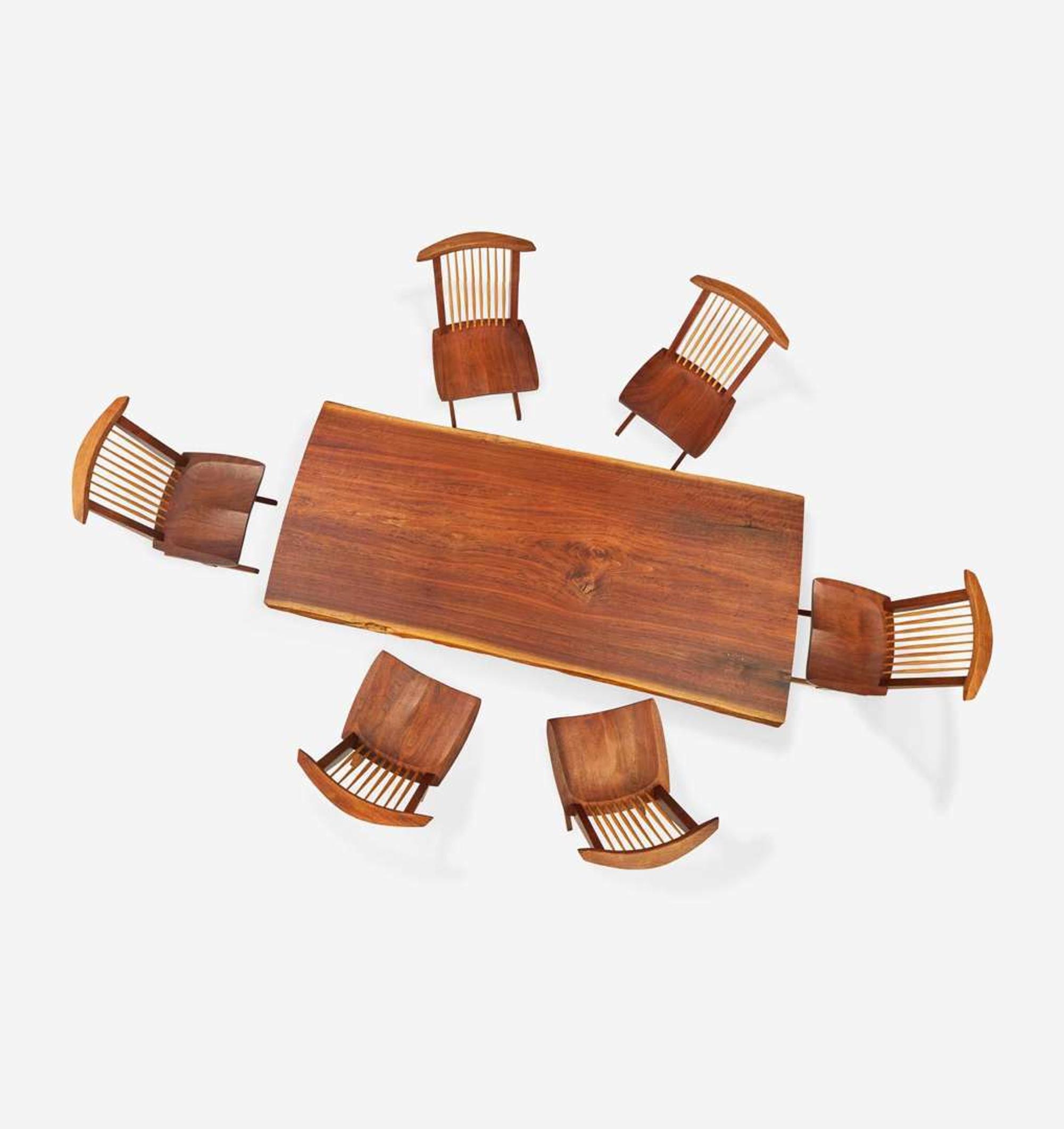 Mira Nakashima (American, b. 1942) Fine Single-Board "Conoid" Dining Table and Set of Six Single-Board "Conoid" Dining Chairs, George Nakashima Woodworker, New Hope, Pennsylvania, 2007