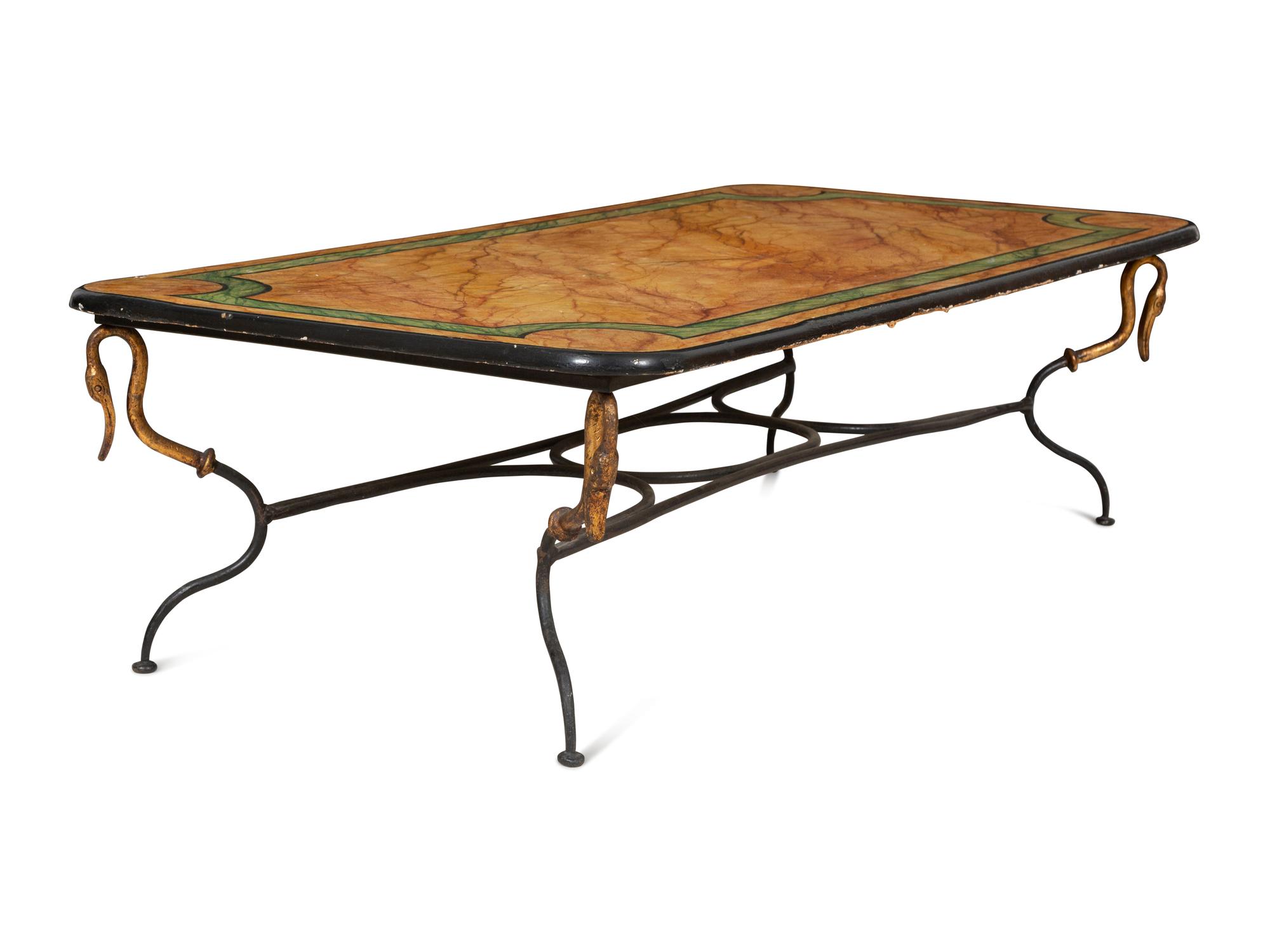 A Wrought Iron and Faux Marble Coffee Table