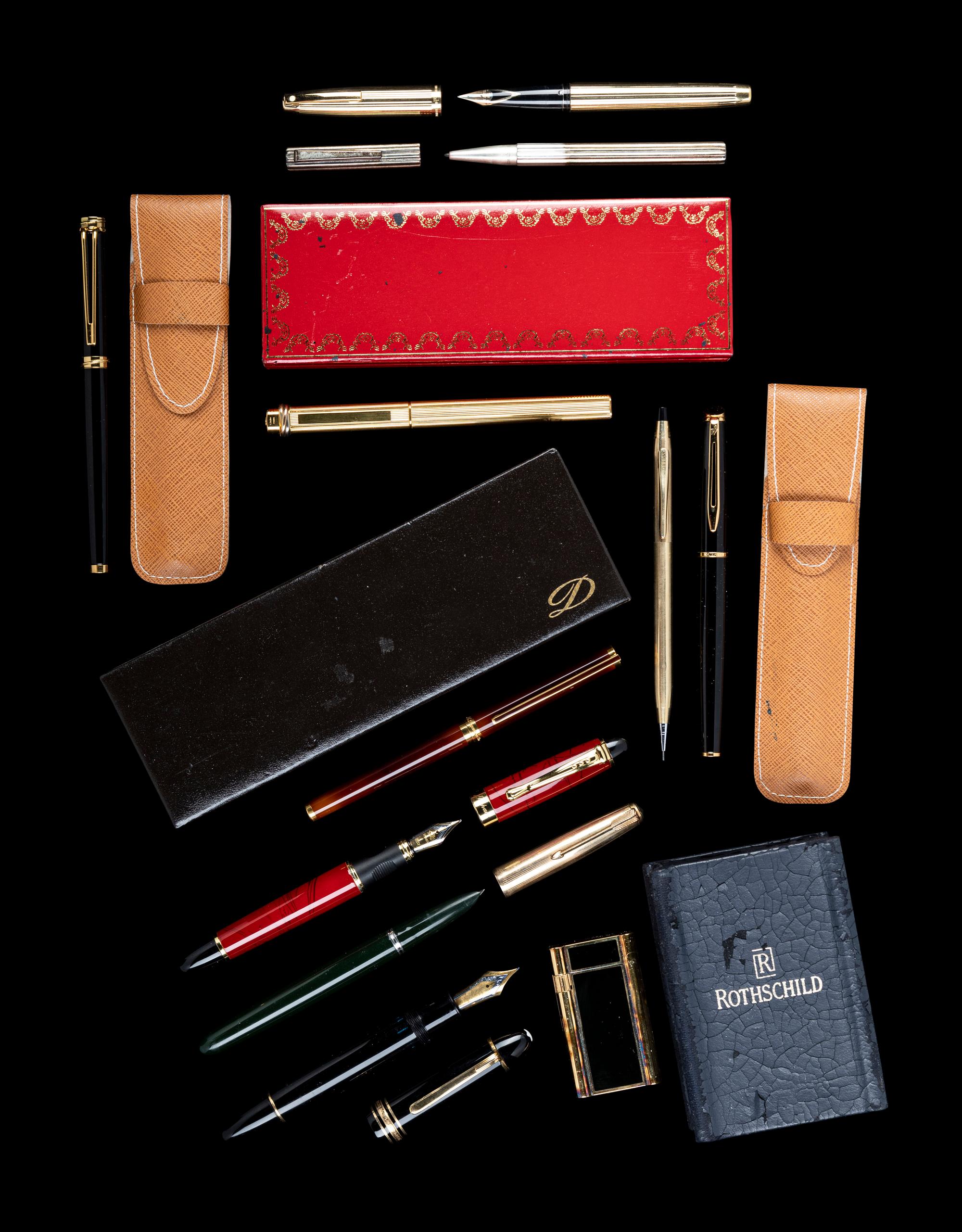 A Collection of Ten Writing Instruments and a Rothschild Gilt-Metal and Enameled Lighter