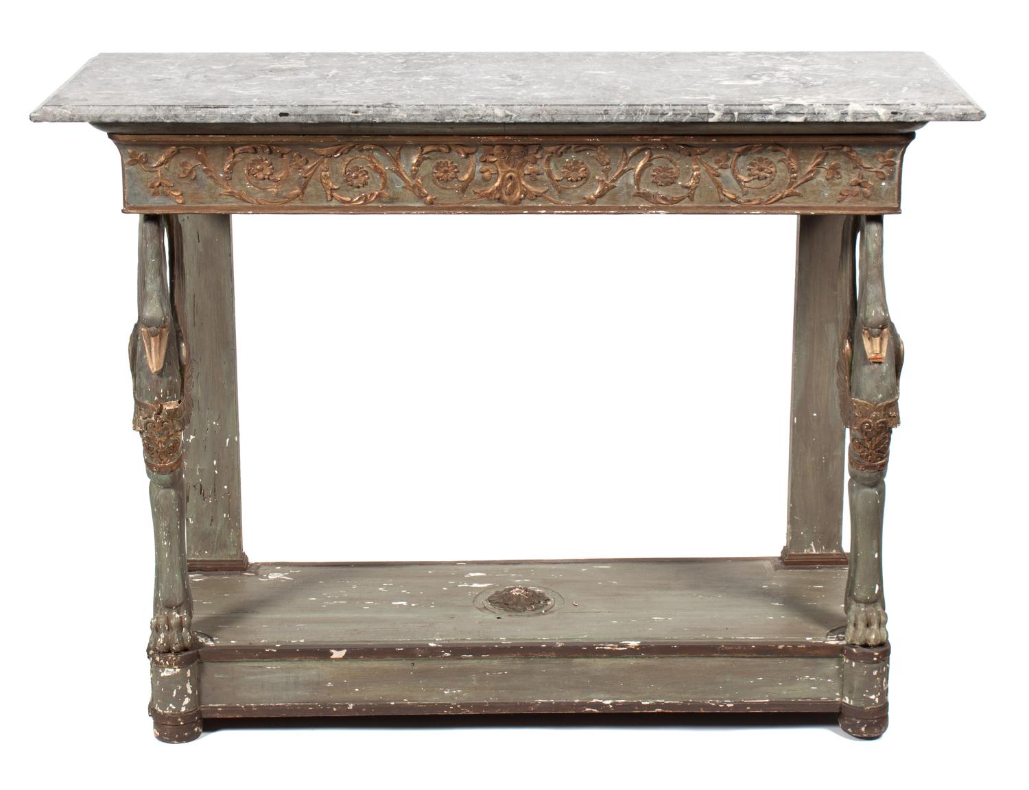 A French Empire Style Painted and Parcel Gilt Console Table Height 35 1/2 x width 48 x depth 17 1/2 inches. — 19TH CENTURY