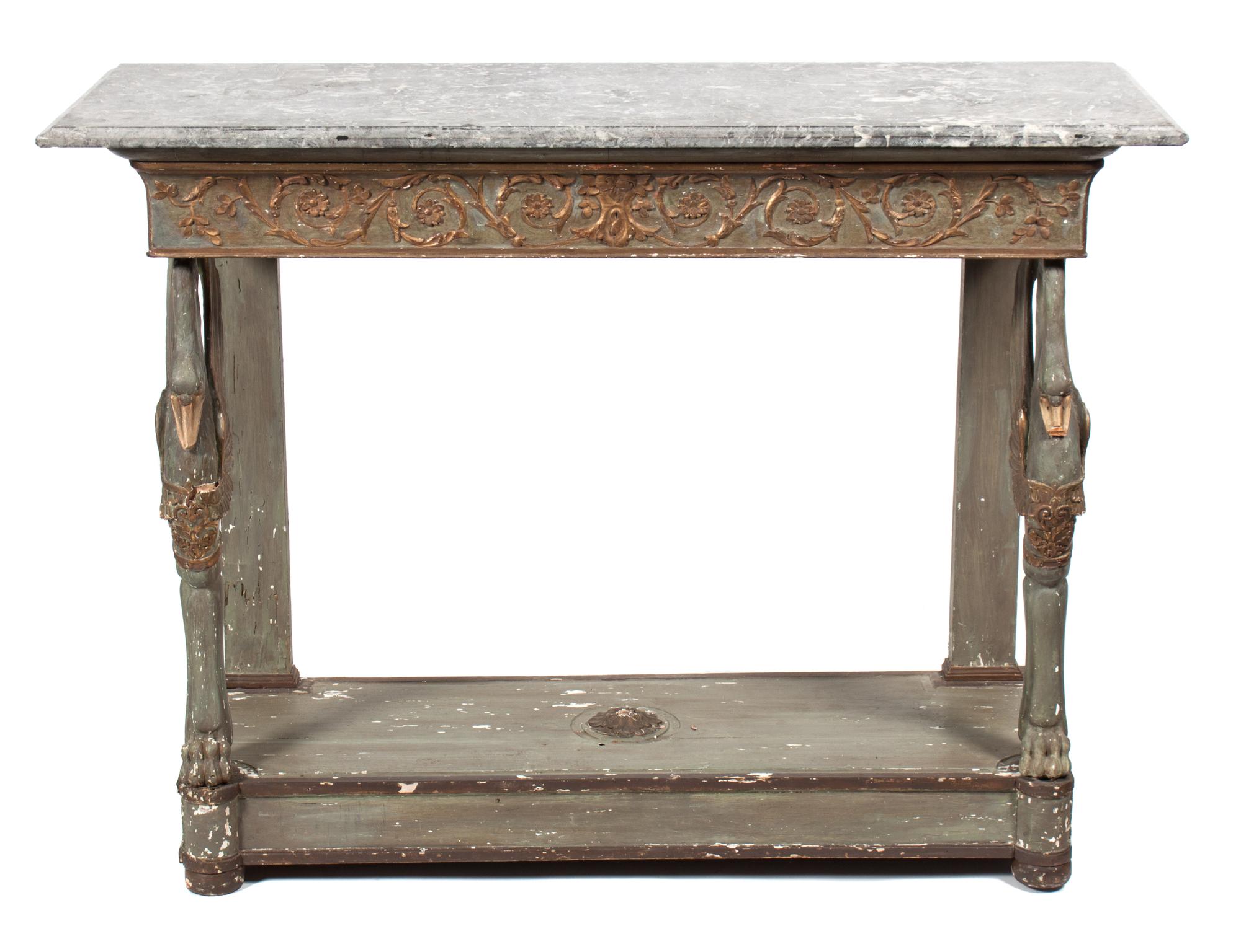 A French Empire Style Painted and Parcel Gilt Console Table Height 35 1/2 x width 48 x depth 17 1/2 inches. — 19TH CENTURY