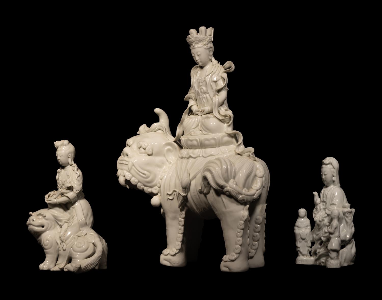 Three Chinese Dehua Blanc-de-Chine Porcelain Figures of Guanyin