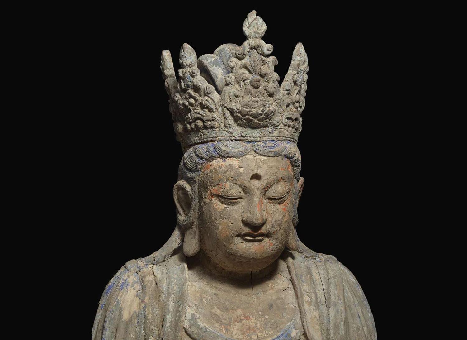 A very large Chinese carved and polychromed wood figure of "Shi Hou Guanyin" 大型獅吼觀音雕塑
