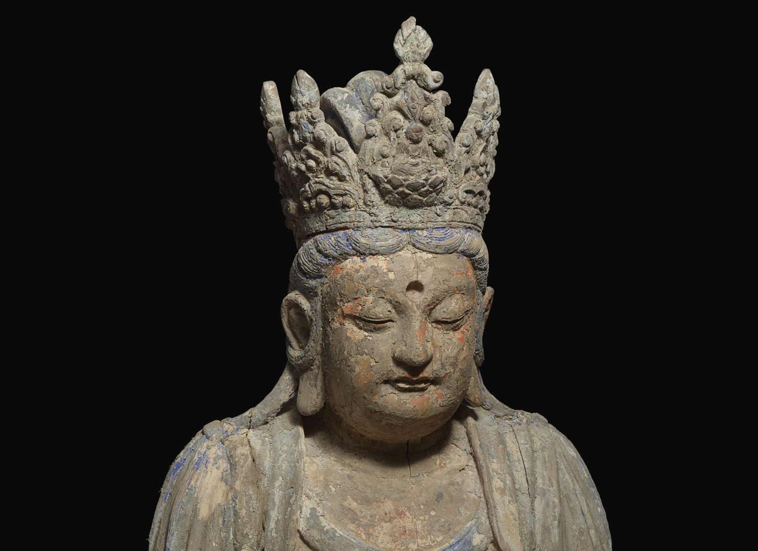 A very large Chinese carved and polychromed wood figure of "Shi Hou Guanyin" 大型獅吼觀音雕塑