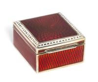 An Austrian Silver and Enamel Box, Maker's Mark J&W, Vienna, 20th Century, the lid and sides with red guilloche enamel.
