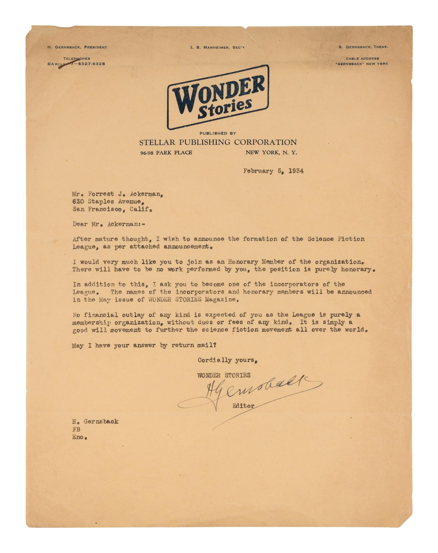 [SCIENCE FICTION LEAGUE OF AMERICA]. Original Science Fiction League member sticker. 1936.