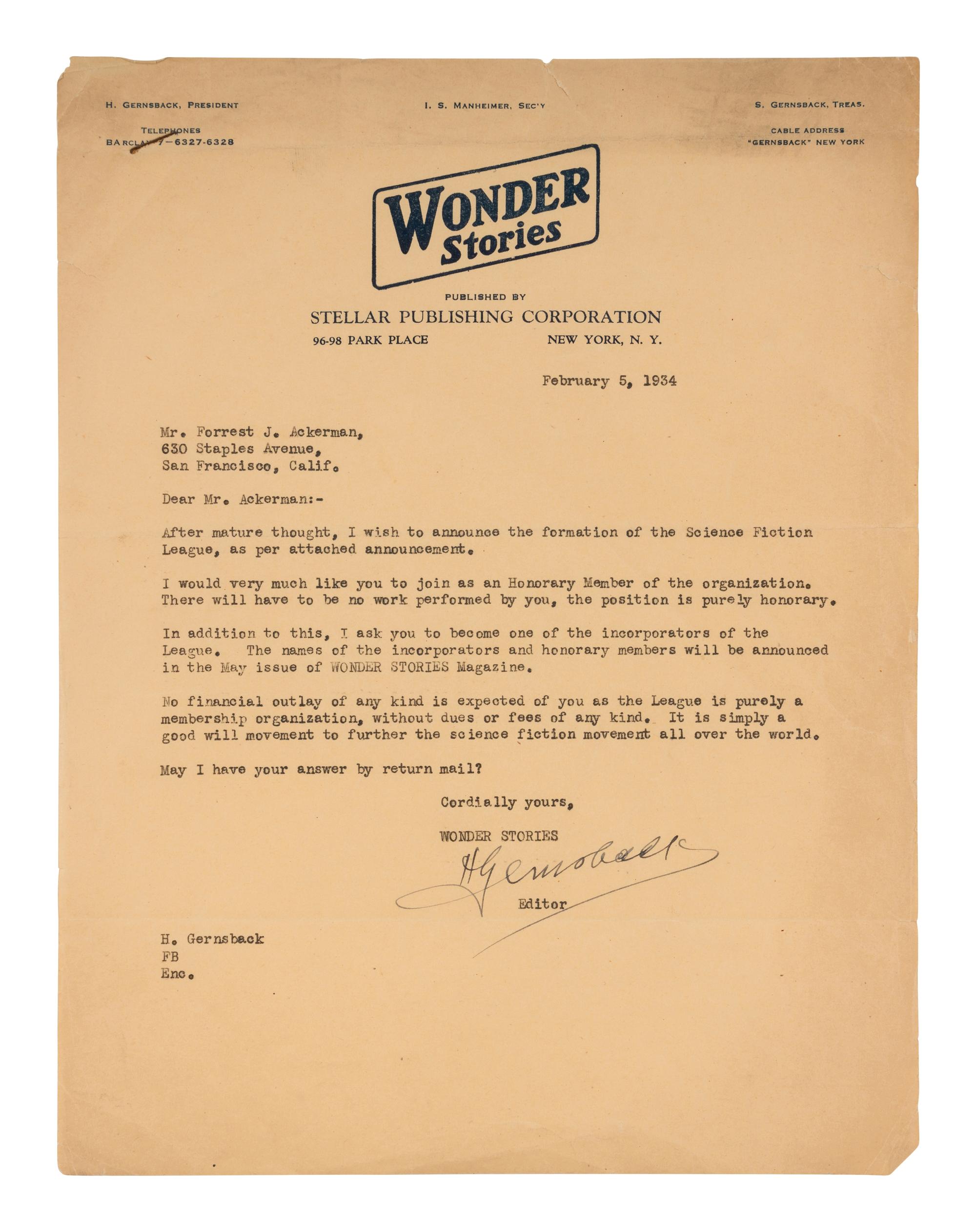 [SCIENCE FICTION LEAGUE OF AMERICA]. Original Science Fiction League member sticker. 1936.