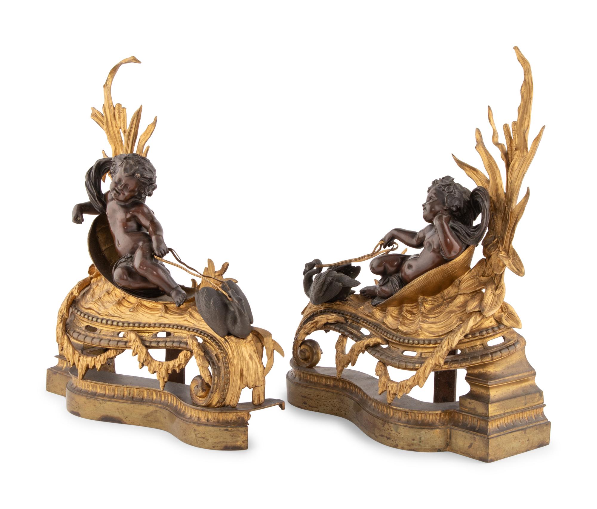 A Pair of Napoleon III Gilt and Patinated Bronze Figural Chenets