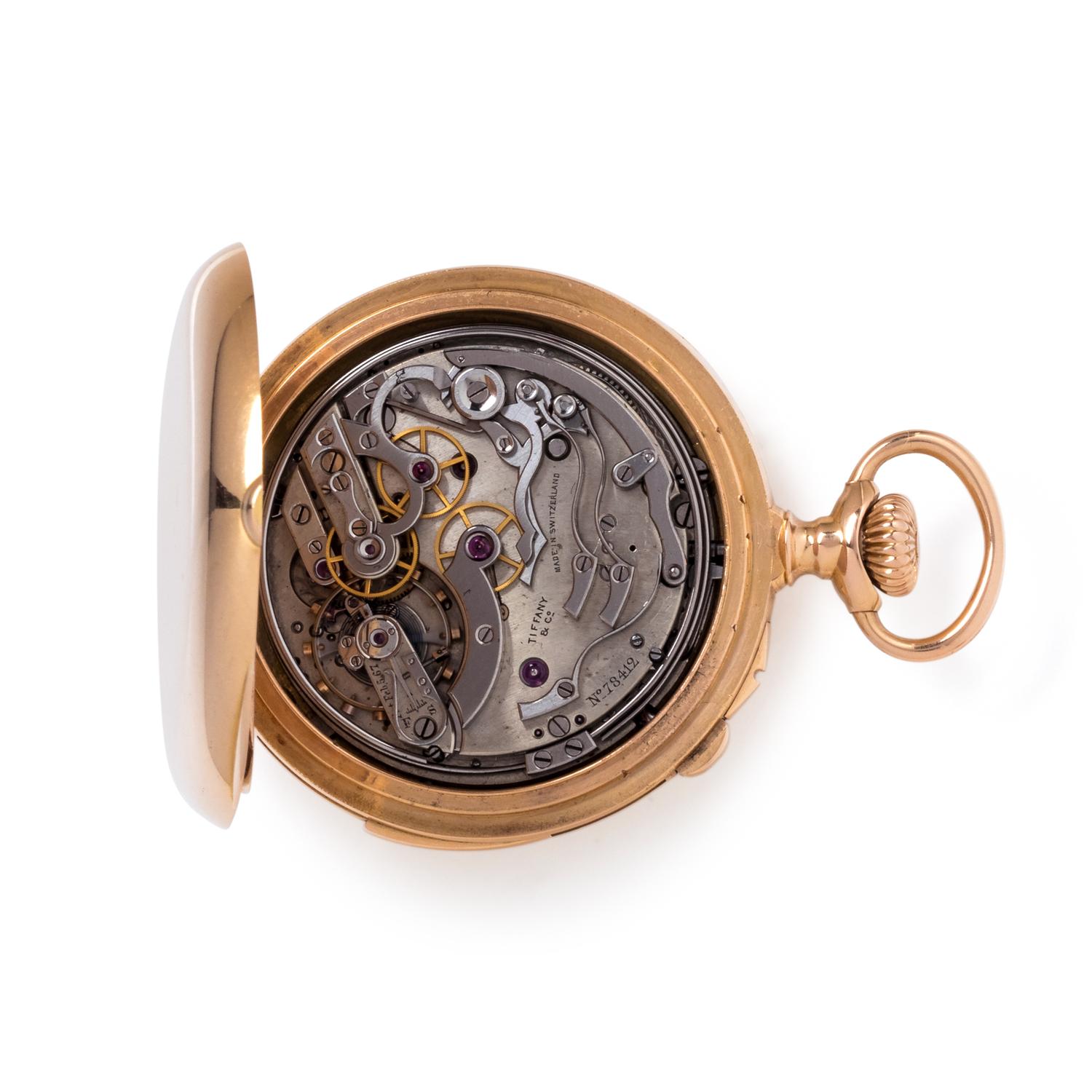 TIFFANY & CO., 18K YELLOW GOLD SPLIT SECOND CHRONOGRAPH OPEN FACE POCKET WATCH