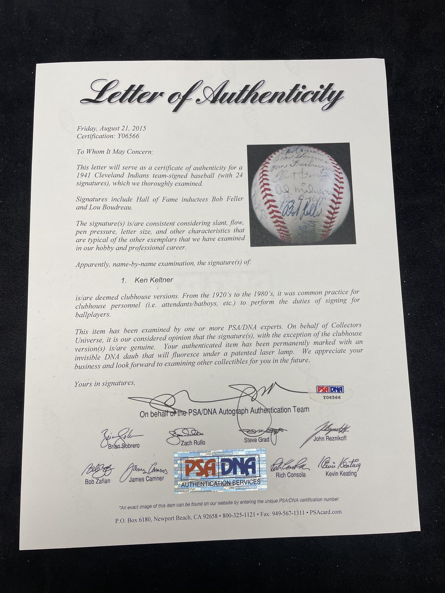 A 1941 Cleveland Indians Team Signed Autograph Baseball (PSA Letter of Authenticity),