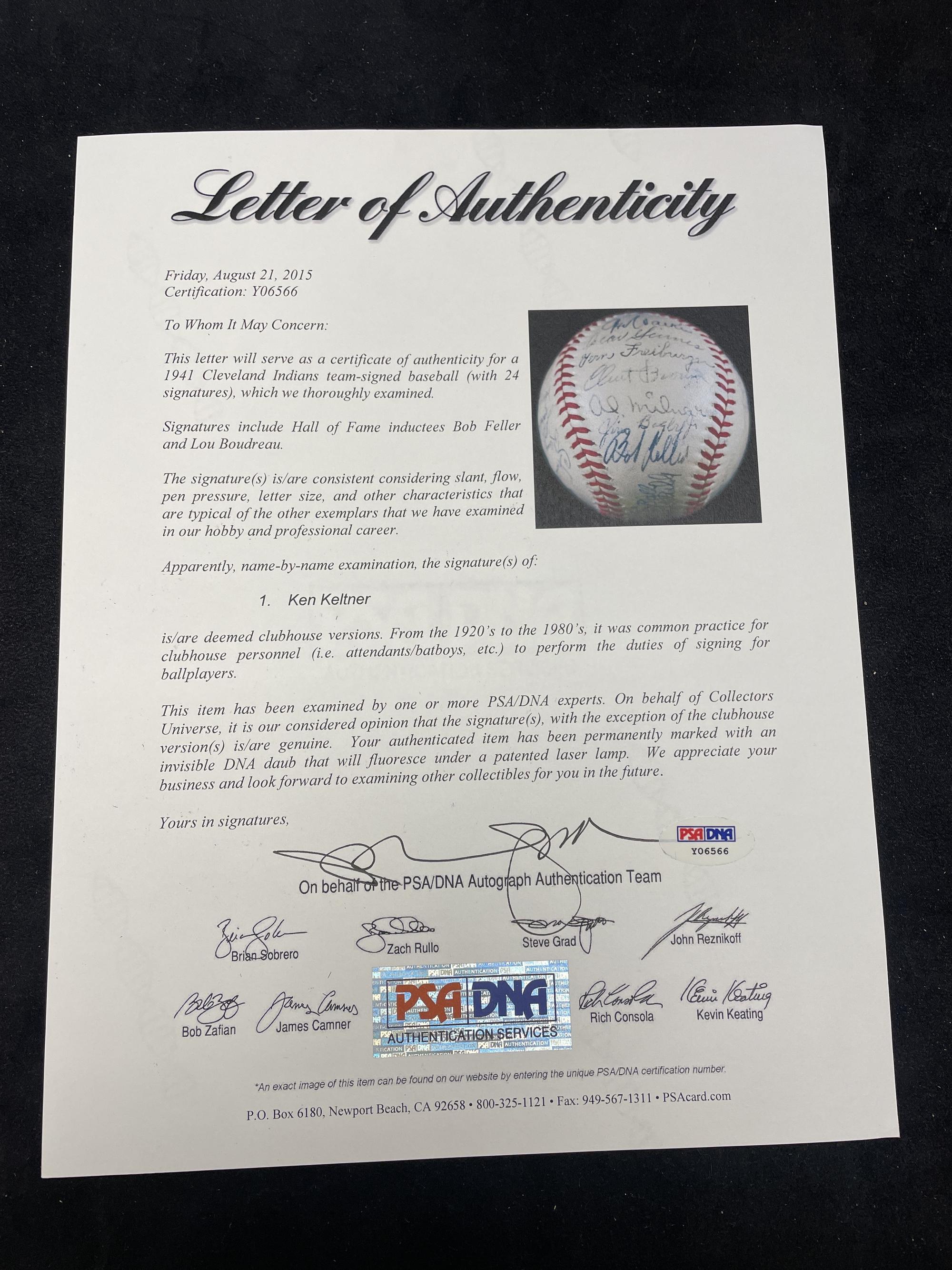 A 1941 Cleveland Indians Team Signed Autograph Baseball (PSA Letter of Authenticity),