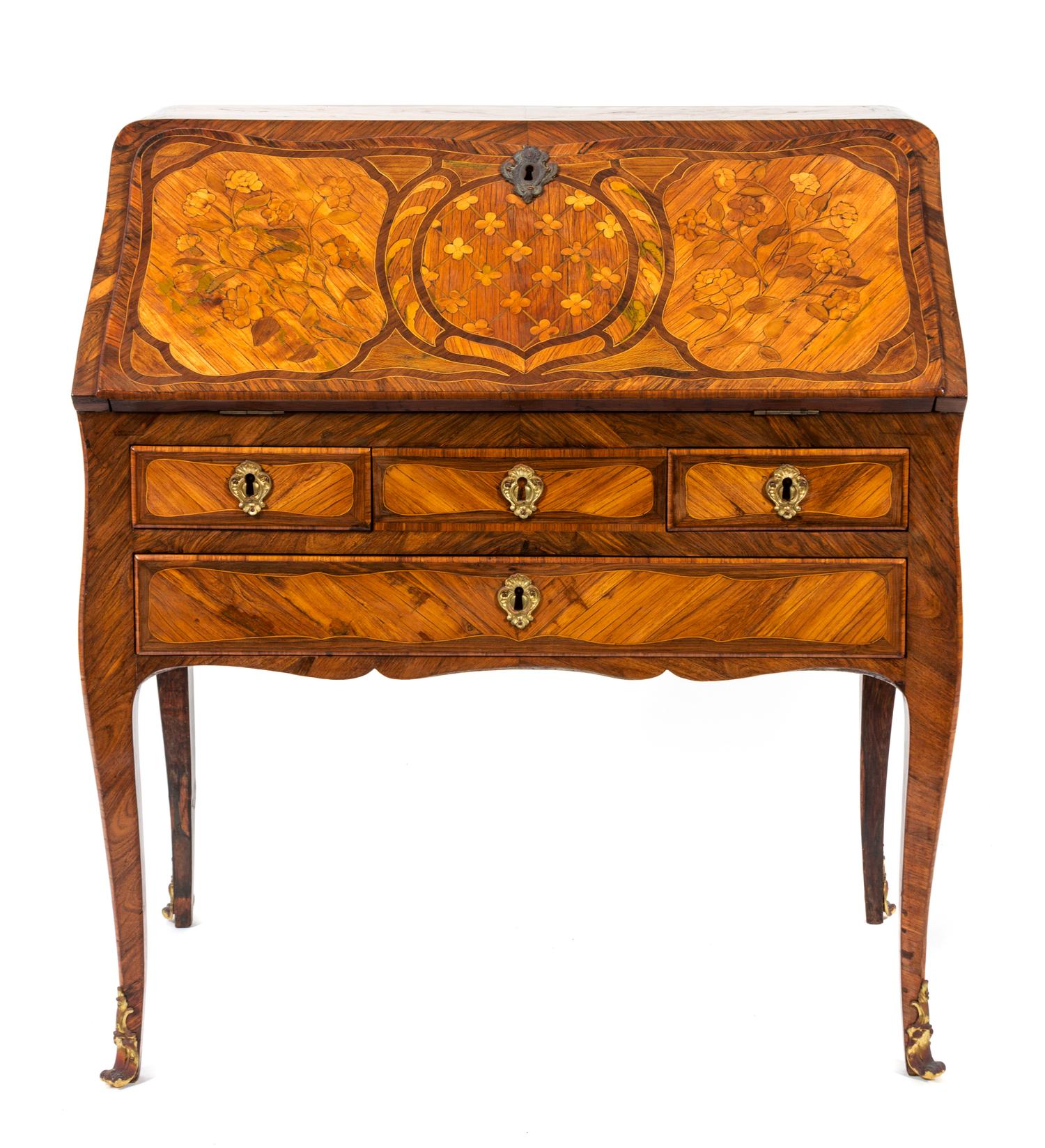 A Louis XV/XVI Transitional Slant Front Marquetry Desk Height 35 x width 32 x depth 17 1/2 inches. — 19TH CENTURY