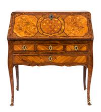 A Louis XV/XVI Transitional Slant Front Marquetry Desk Height 35 x width 32 x depth 17 1/2 inches. — 19TH CENTURY