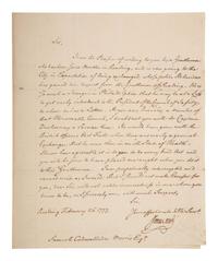 [REVOLUTIONARY WAR]. READ, James (1718-1793). Letter signed ("James Read"), regarding the exchange of British Officer Captain Antoine Juchereau Duchesnay. Reading, Pennsylvania. 26 February 1777.