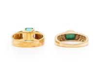 TWO YELLOW GOLD AND EMERALD RINGS
