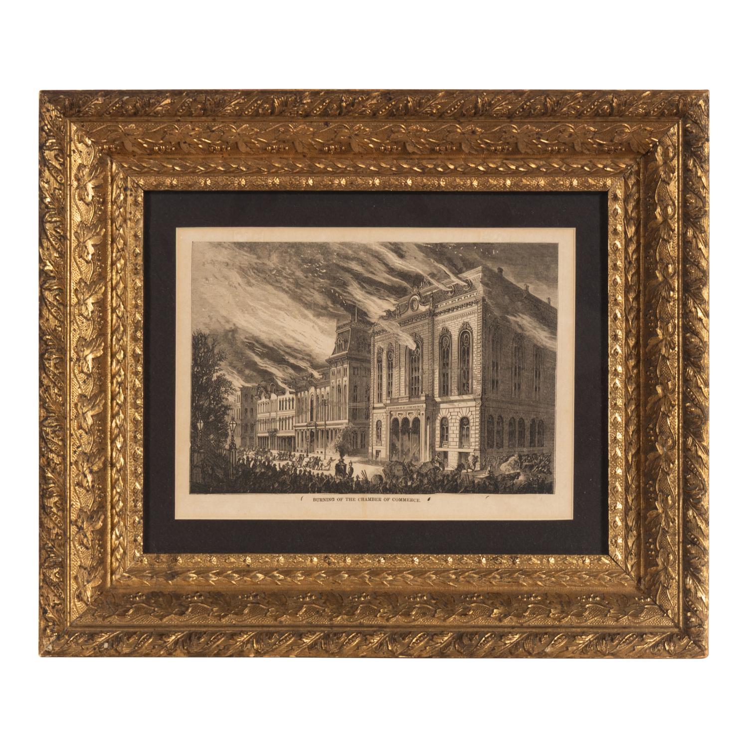[Chicago Fire]. A group of 10 prints and 2 paintings, showing views of Chicago before and after the Great Fire, including: