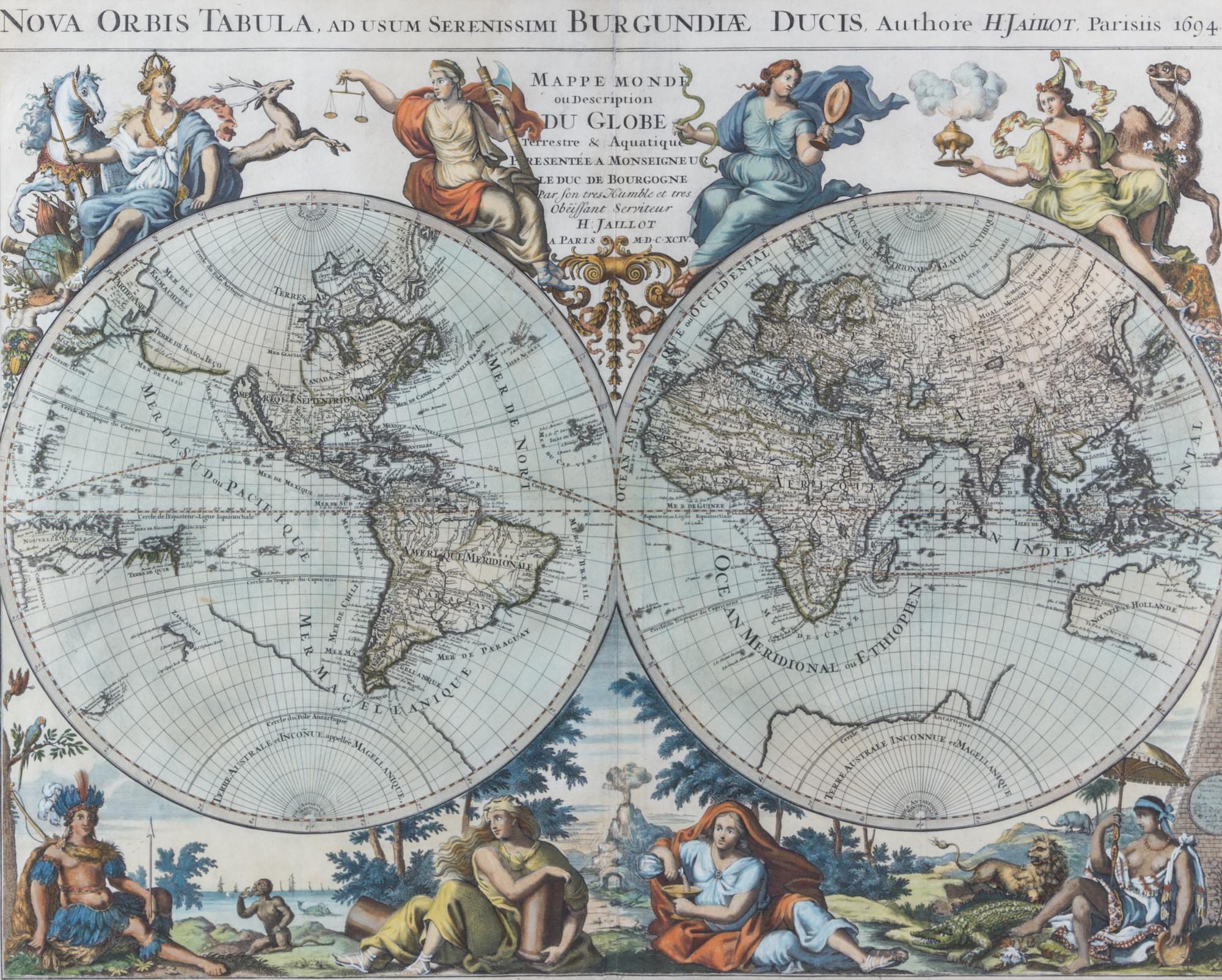 (MAP) JAILLOT, ALEXIS-HUBERT. Nova orbis tabula. Paris, 1694. Engraved double-hemisphere map with later hand-coloring.