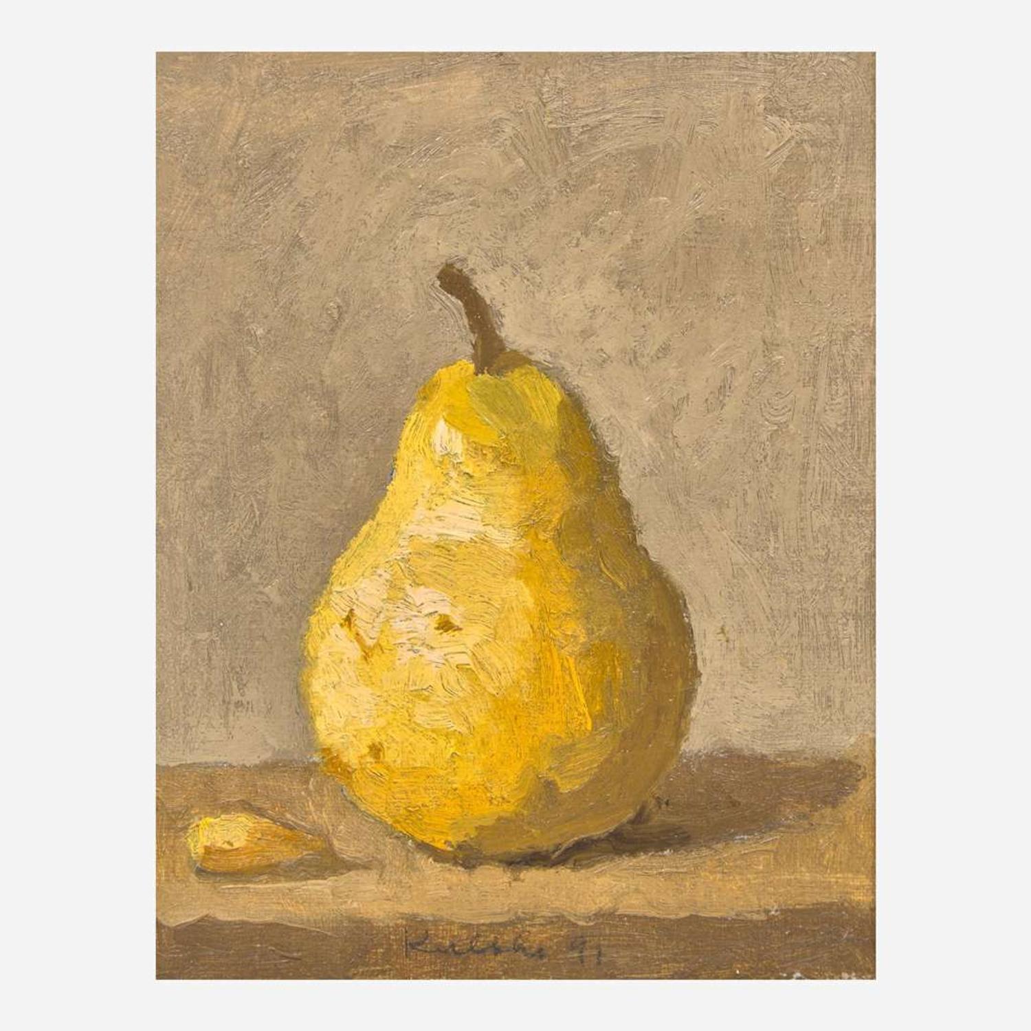 Robert Kulicke (American, 1924–2007) Single Yellow Pear with an Almond on a Light Grey Background