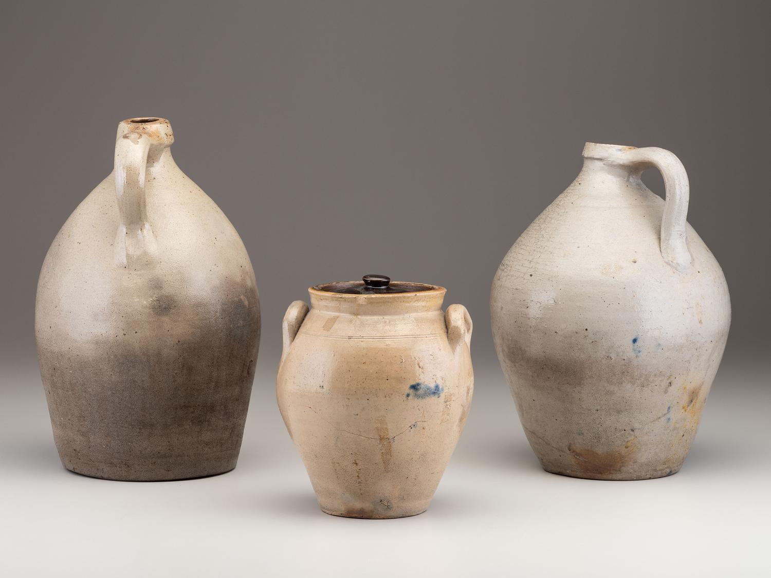 Three Cobalt Decorated Stoneware Vessels