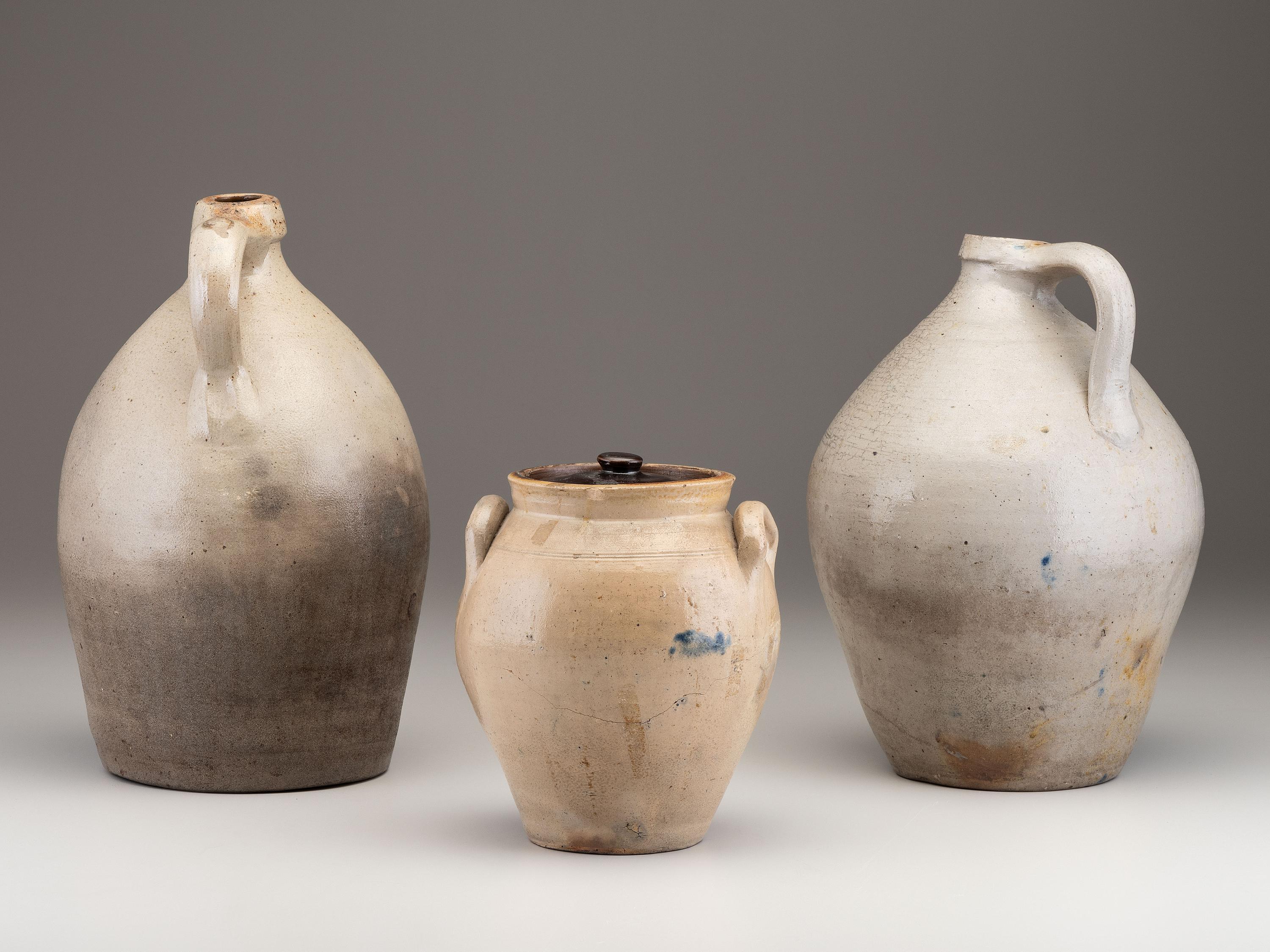 Three Cobalt Decorated Stoneware Vessels