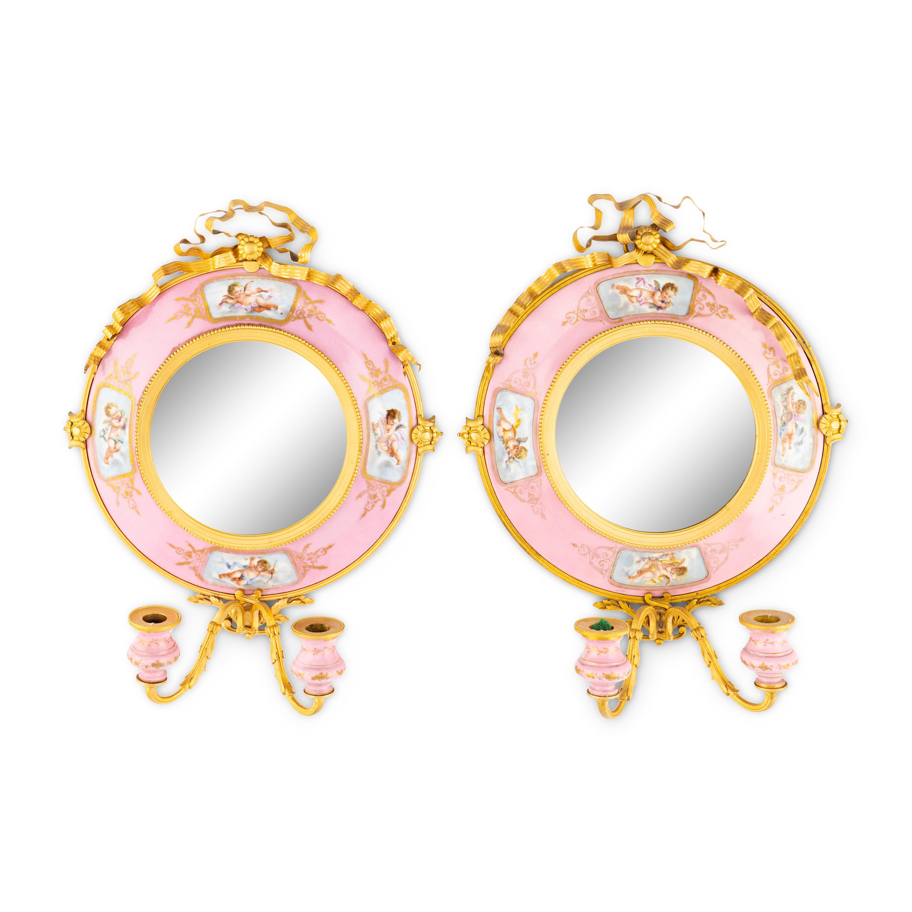 A Pair of French Gilt Bronze and Sèvres Style Porcelain Girandole Mirrors