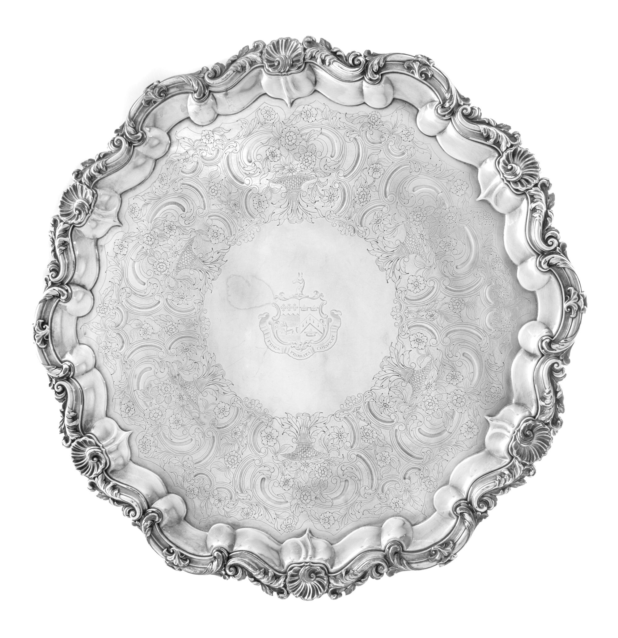 An English Silver-Plate Salver, T & J Creswick, Sheffield, 19th Century, the rim worked to show rocaille and C-scroll motifs, the field