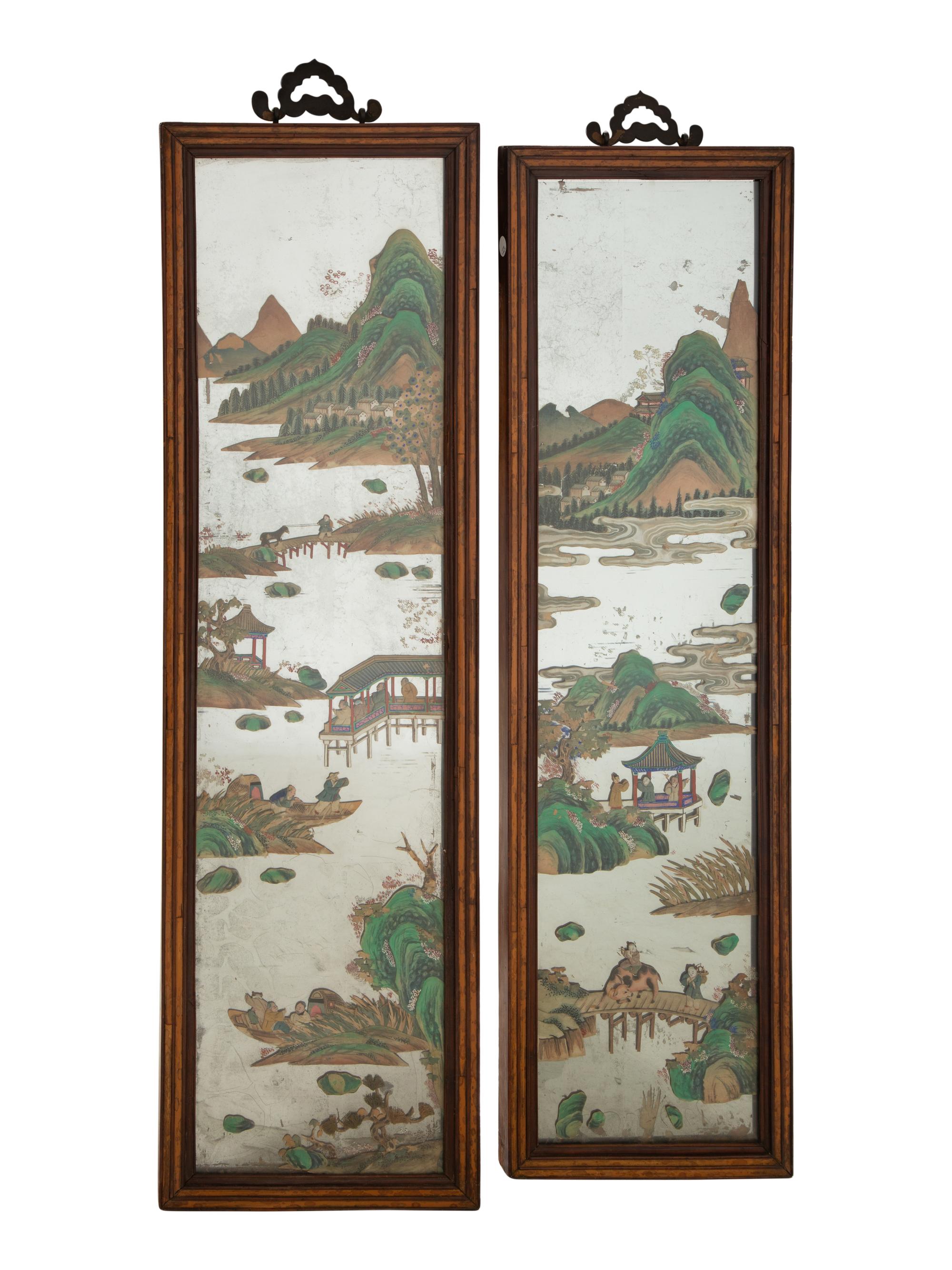 A Pair of Chinese Reverse-Painted Glass Pier Mirrors