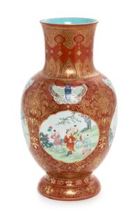 A Chinese Gilt Decorated Coral Red Ground Famille Rose Porcelain Vase