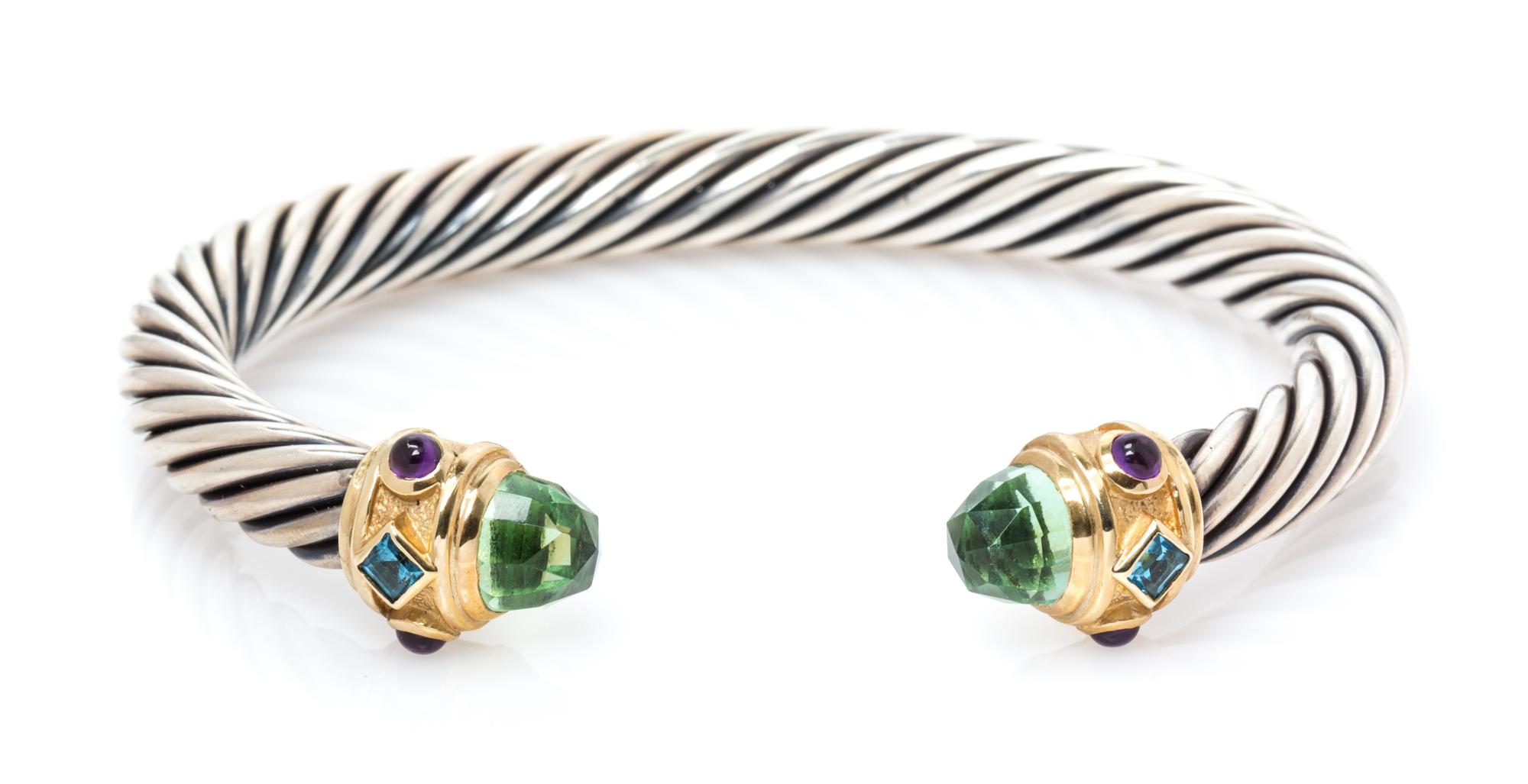 STERLING SILVER, YELLOW GOLD AND GEMSTONE 'RENAISSANCE' CUFF BRACELET