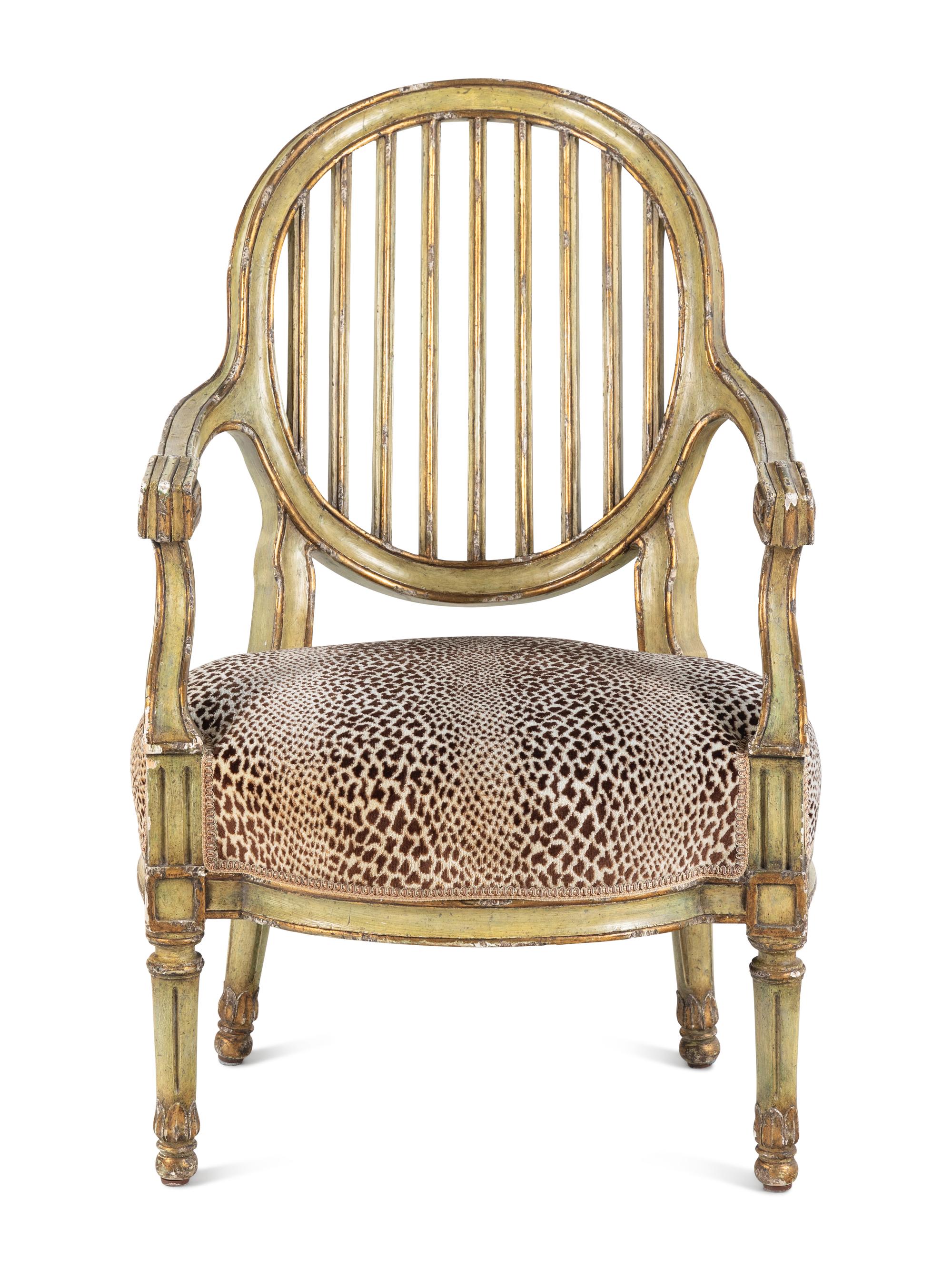 A Louis XVI Style Painted and Parcel-Gilt Fauteuil