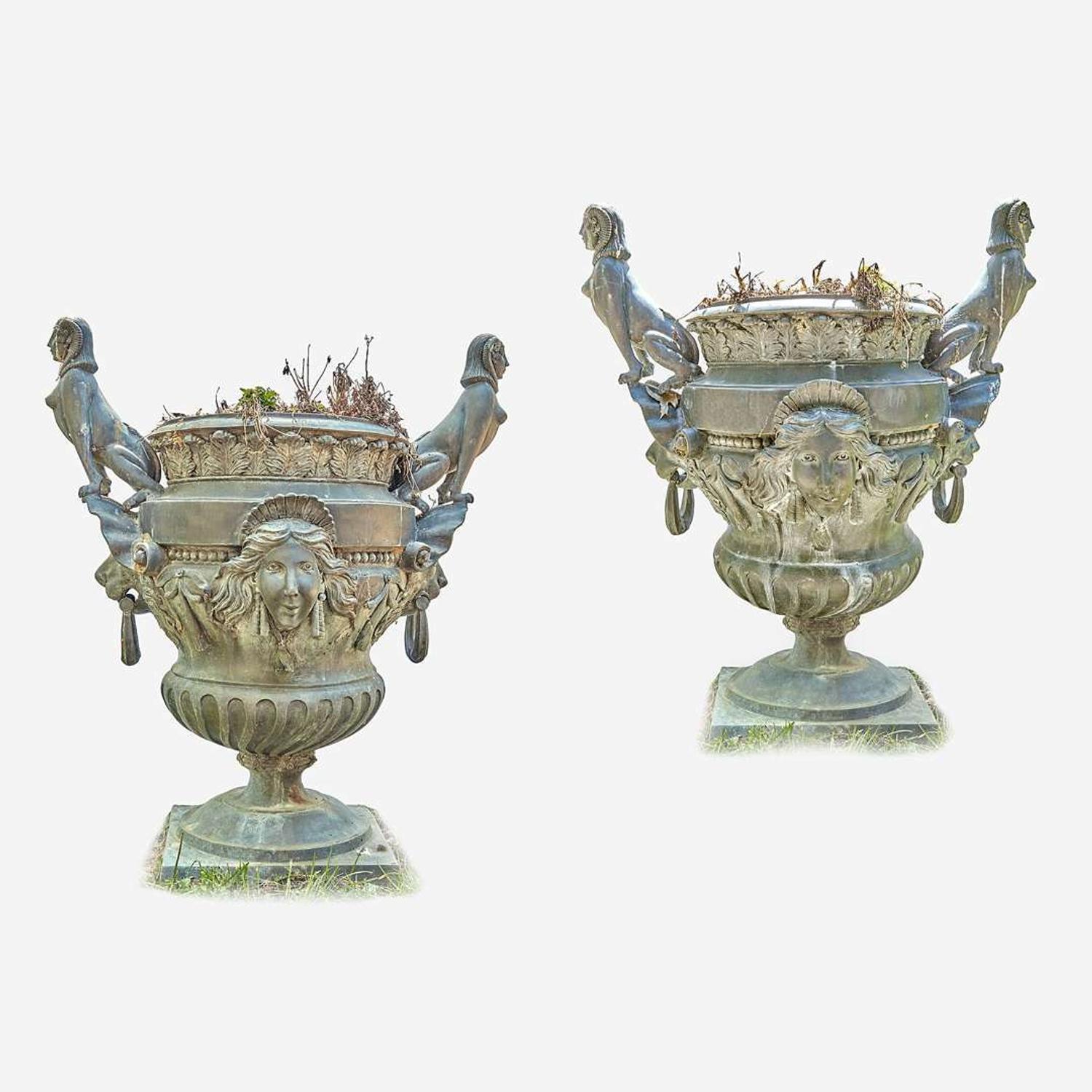 A Pair of Egyptian Revival Cast Metal Garden Urns* 19th/20th century