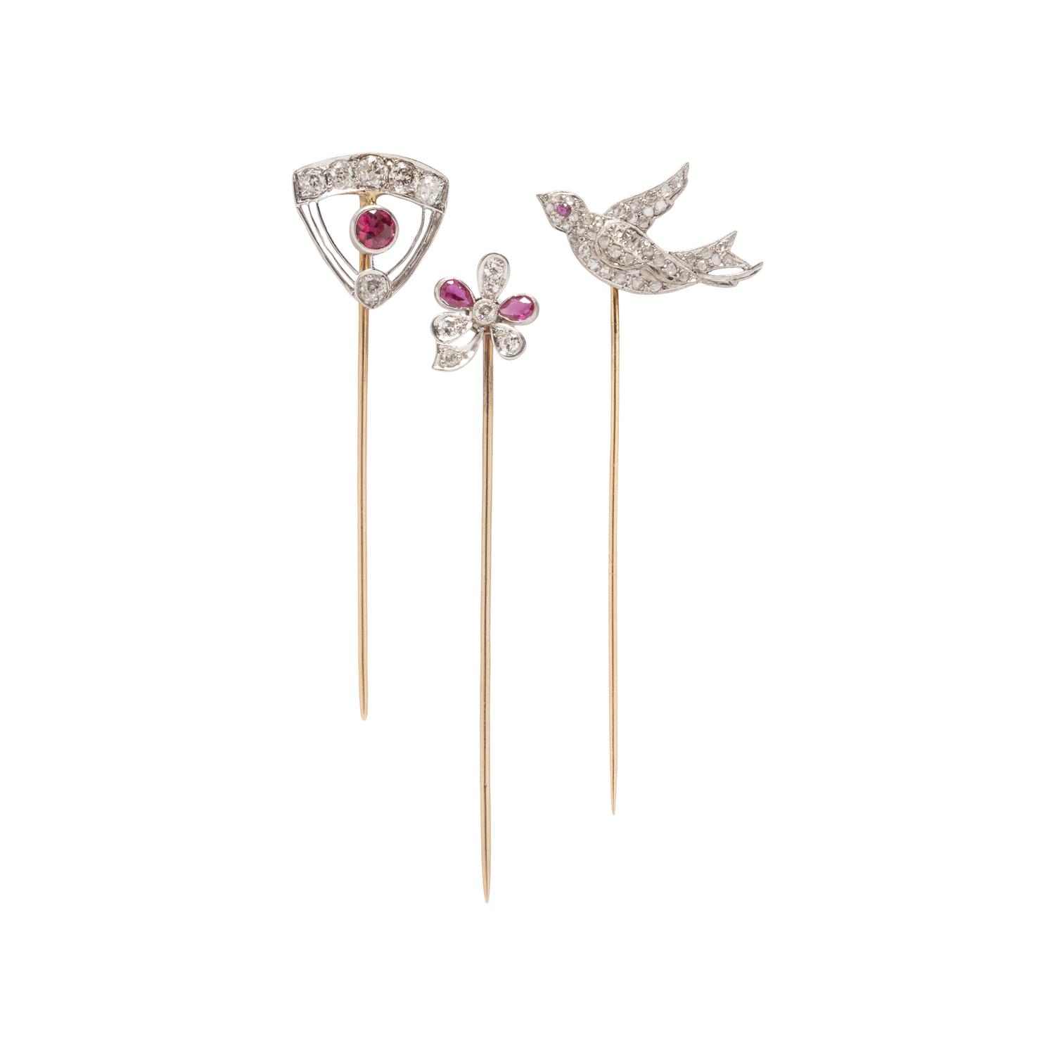 ANTIQUE, COLLECTION OF DIAMOND AND SYNTHETIC RUBY STICKPINS