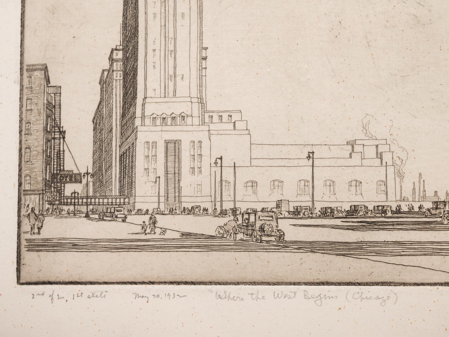 Where the West Begins (Chicago) , accompanied by two preparatory pencil sketches, 1930-32