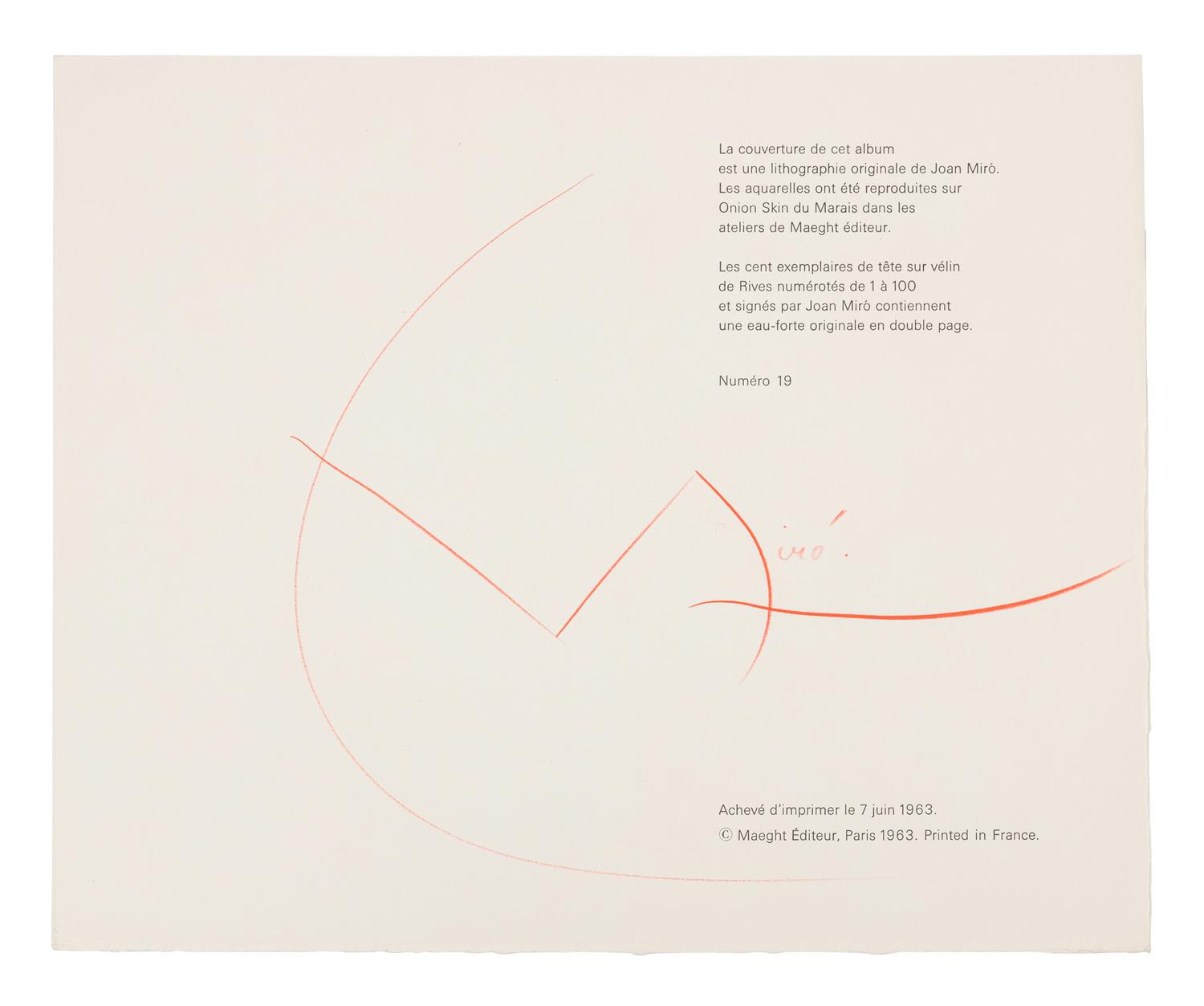[ARTISTS BOOK]. MIRÓ, Joan (1893–1983). Tracé sur l'Eau Suite d’aquarelles . Paris: Maeght Éditeur, 1963.
