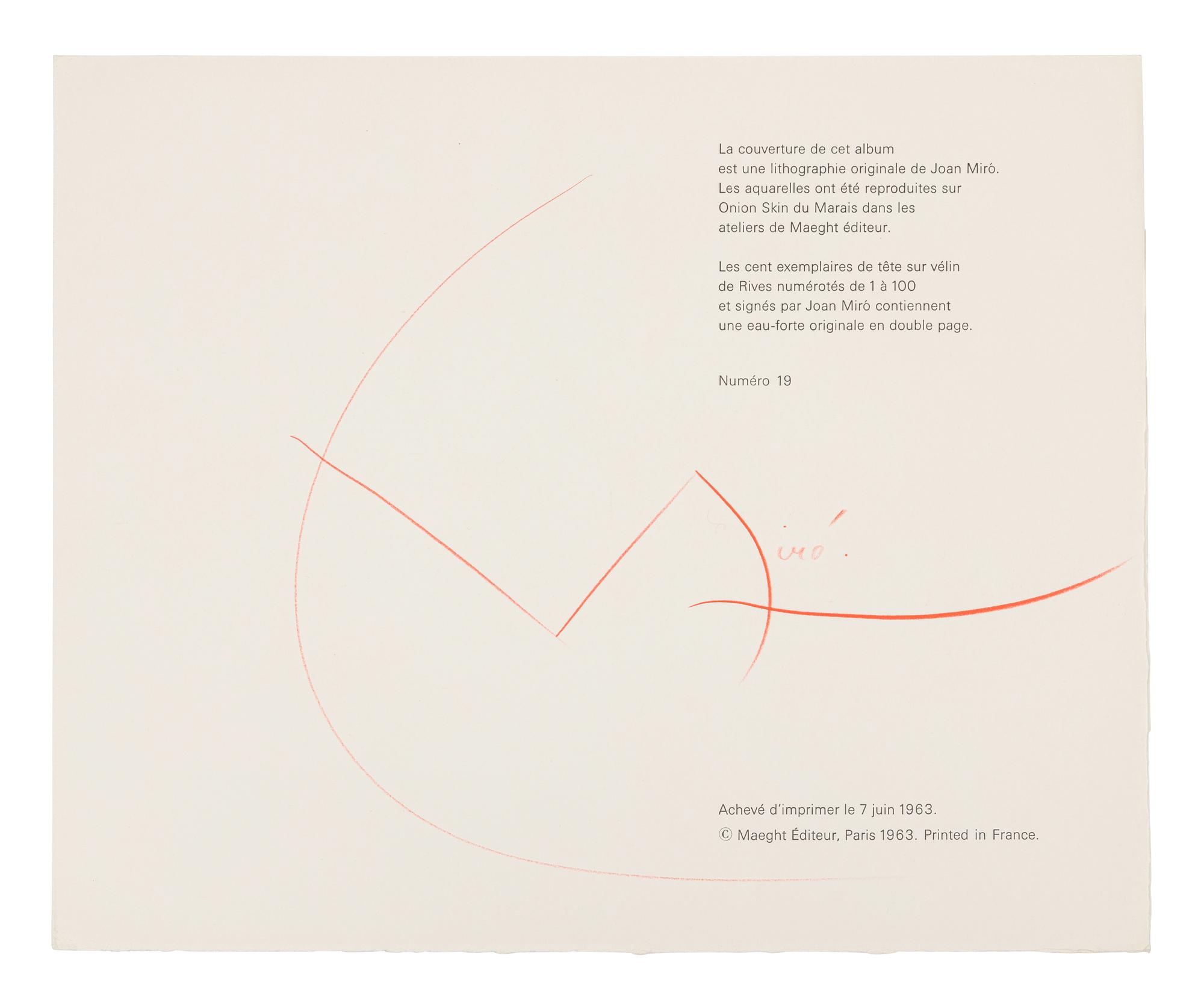 [ARTISTS BOOK]. MIRÓ, Joan (1893–1983). Tracé sur l'Eau Suite d’aquarelles . Paris: Maeght Éditeur, 1963.