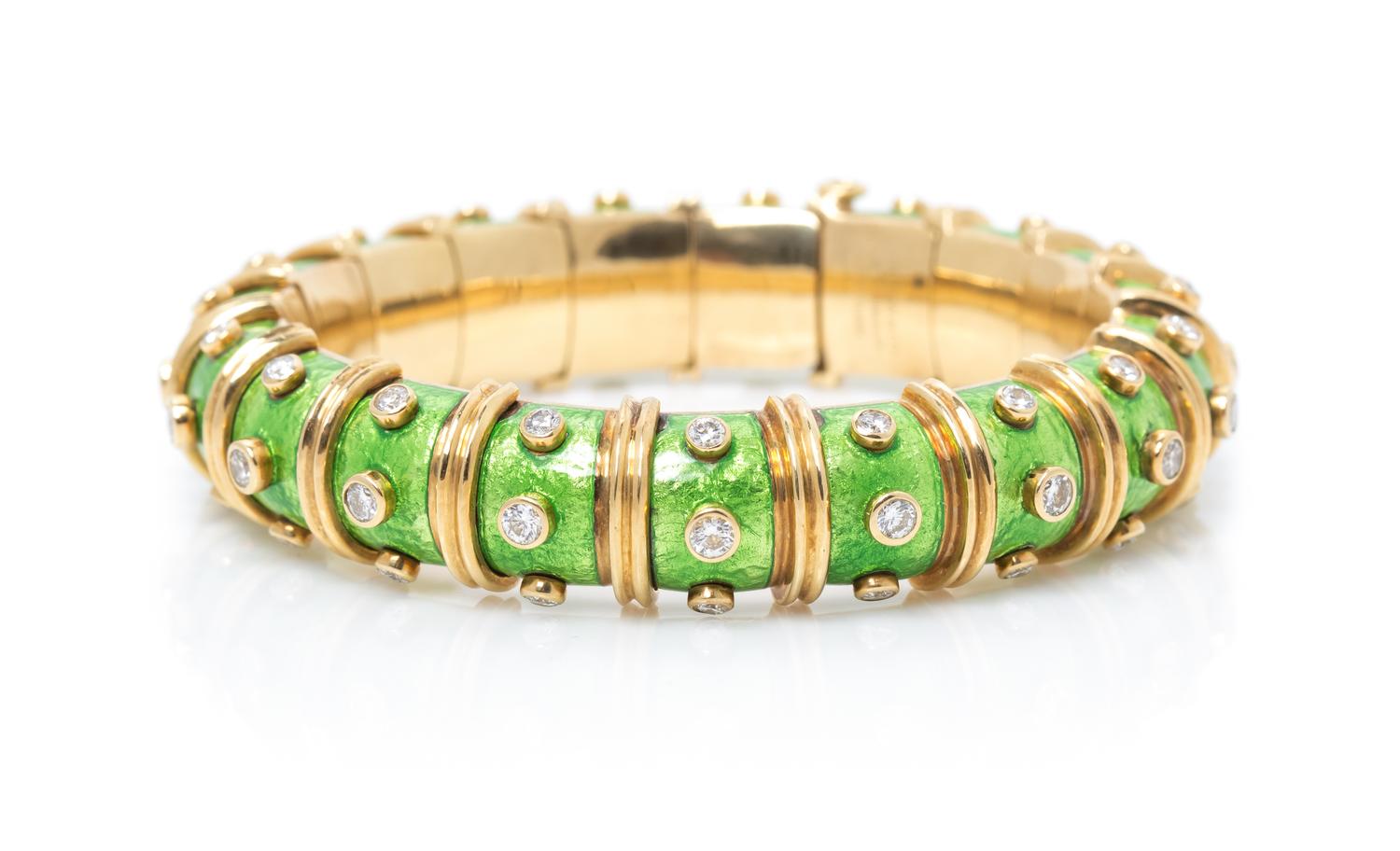 An 18 Karat Yellow Gold, Diamond and Paillonné Enamel Bangle Bracelet, Schlumberger for Tiffany & Co., 53.20 dwts.
