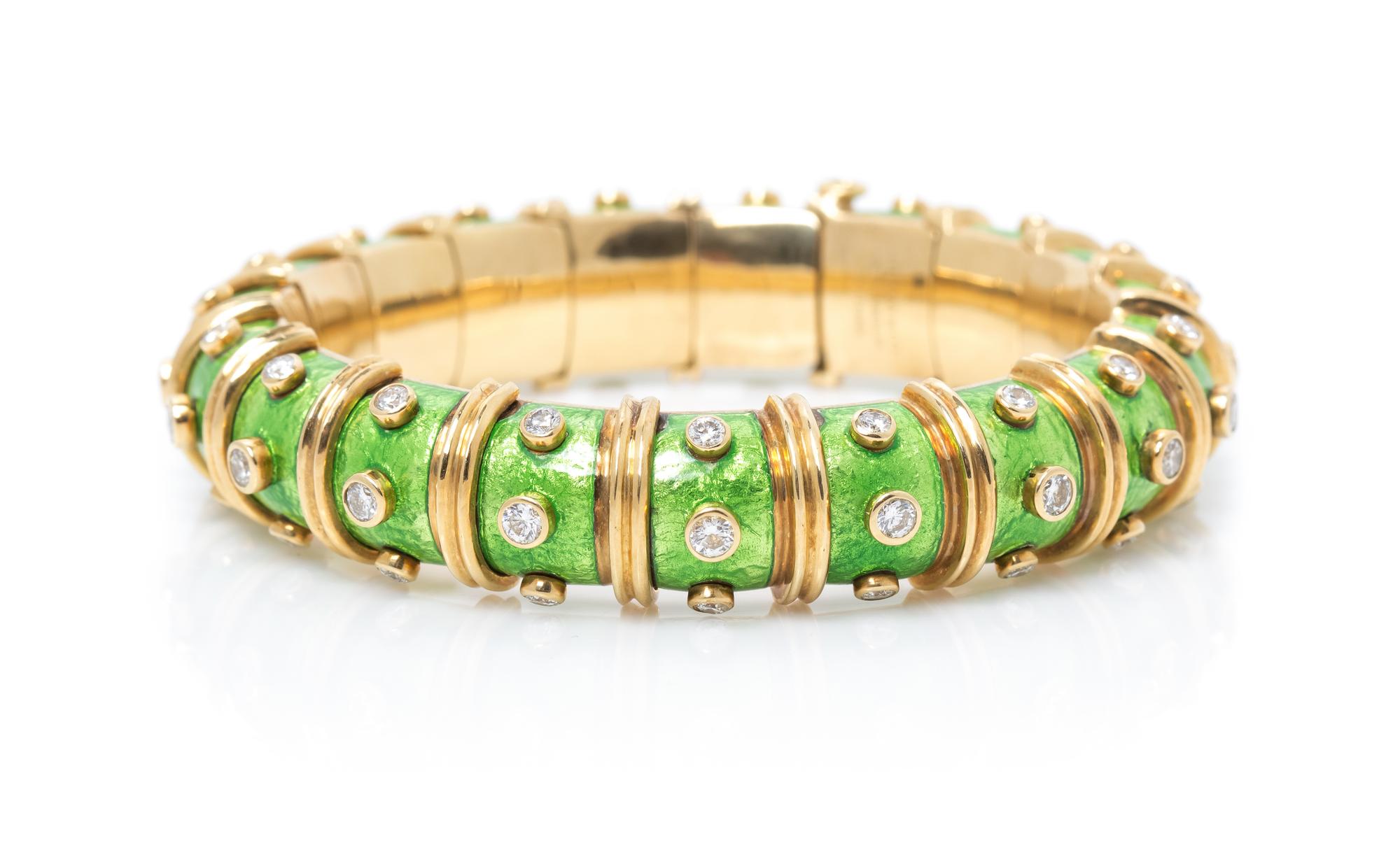 An 18 Karat Yellow Gold, Diamond and Paillonné Enamel Bangle Bracelet, Schlumberger for Tiffany & Co., 53.20 dwts.