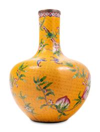 Three Large Chinese Yellow Ground Cloisonné Enamel Vases, Tianqiuping